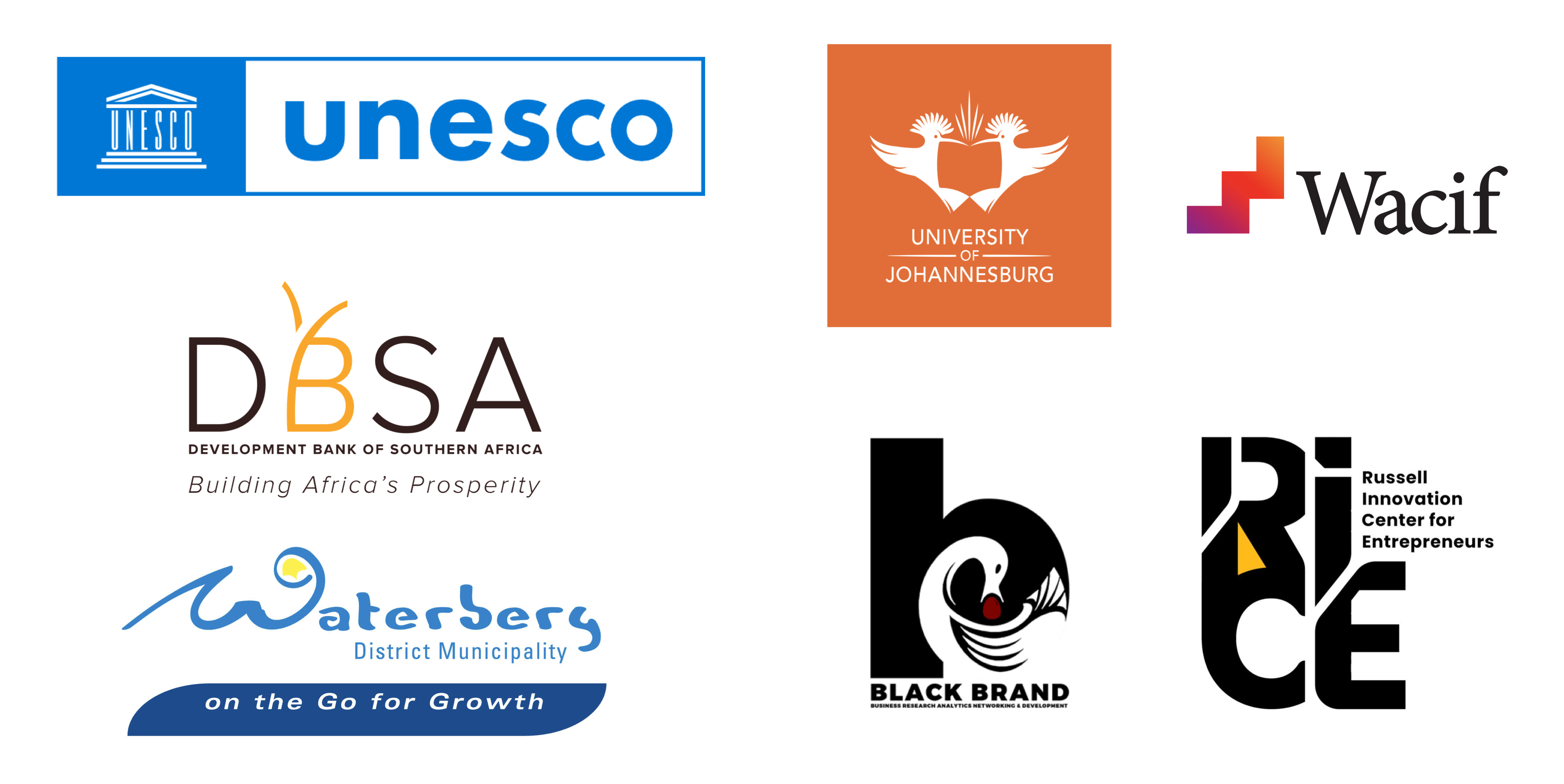 Collage of seven Airbnb Entrepreneurship Academy partner logos, including UNESCO, the University of Johannesburg, Wacif, the Development Bank of Southern Africa, the Waterberg District Municipality, Black BRAND, and Russell Innovation Center for Entrepreneurs