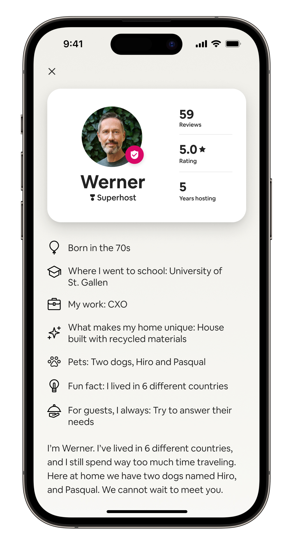 iPhone screen showing a view of the Airbnb app, displaying a Host Passport card. This one shows Superhost Werner, his number of reviews, rating and years hosting, as well as a list of fun facts about him, like when he was born, what he does for work and what makes his home unique.