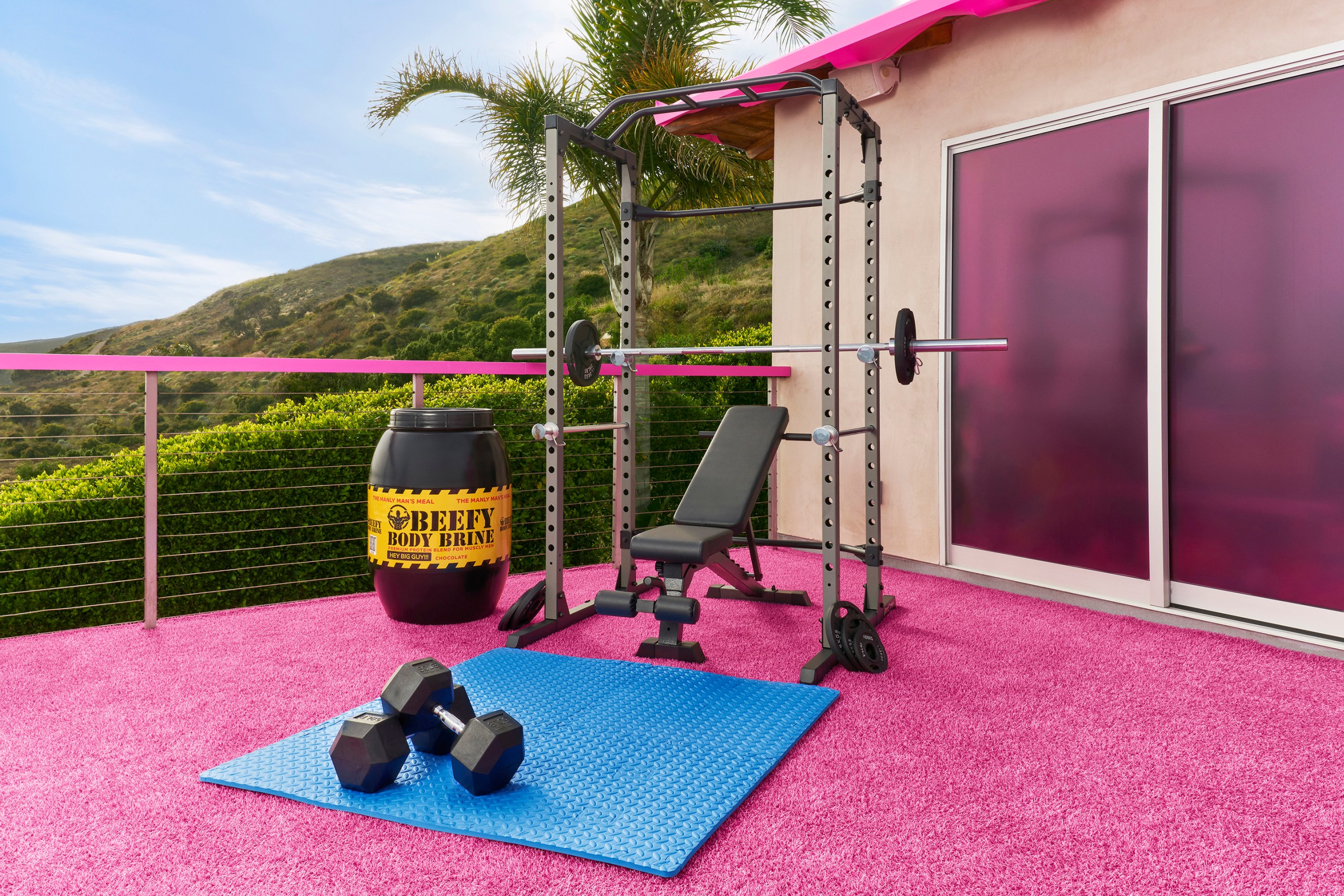 Outdoor gym area on a balcony, pink fluffy rug underneath the equipment and sliding glass doors behind it.