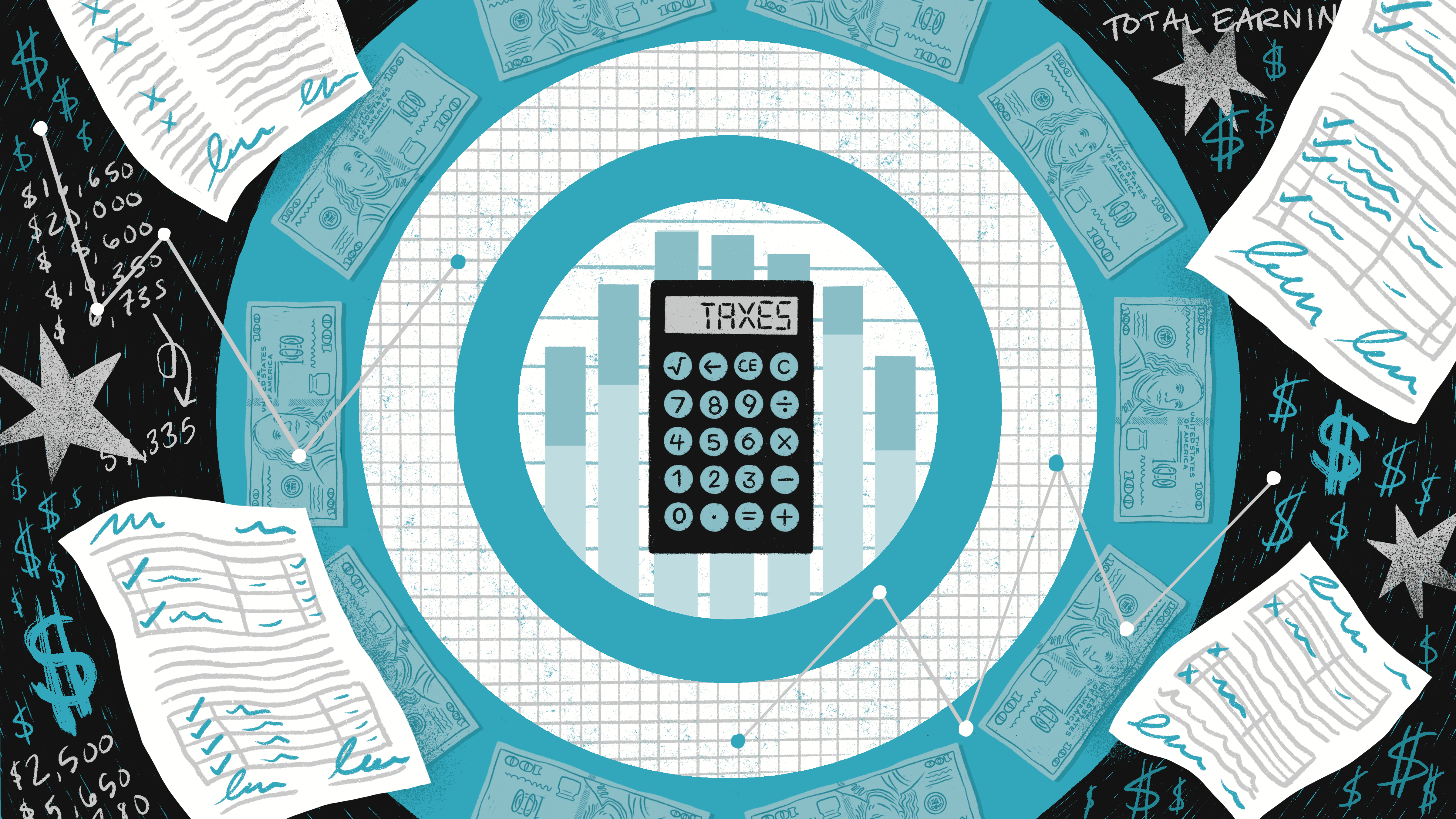 Illustration of a calculator, documents and charts.