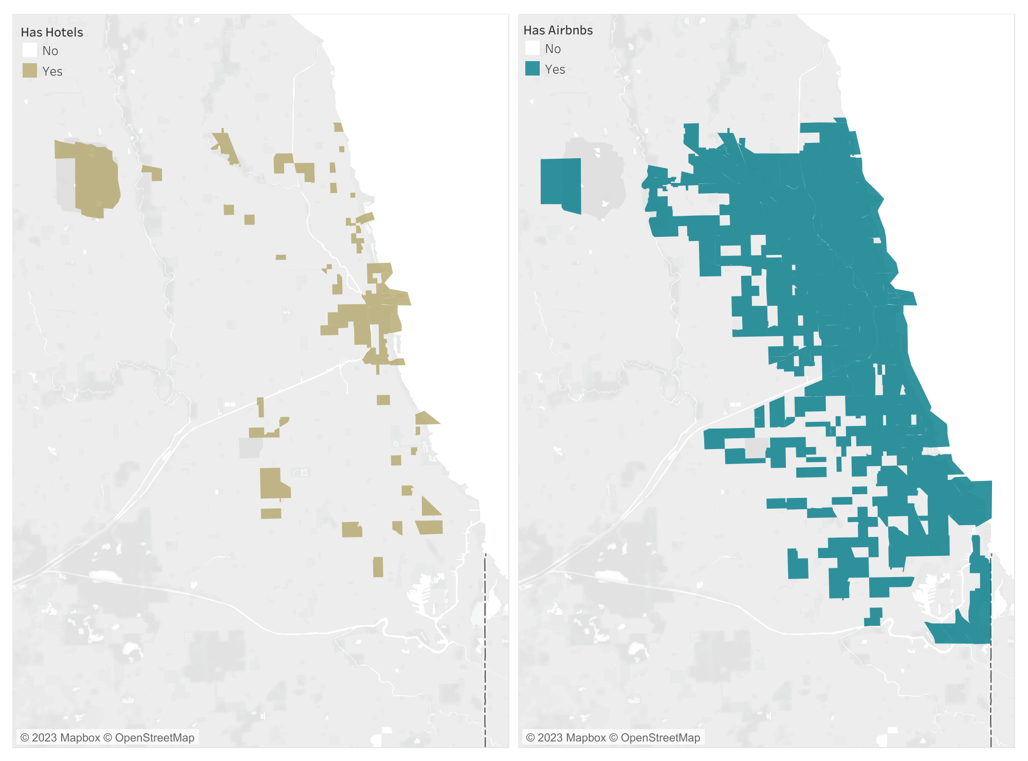 A map comparison of where hotels exist and where Airbnbs exist in Chicago, IL