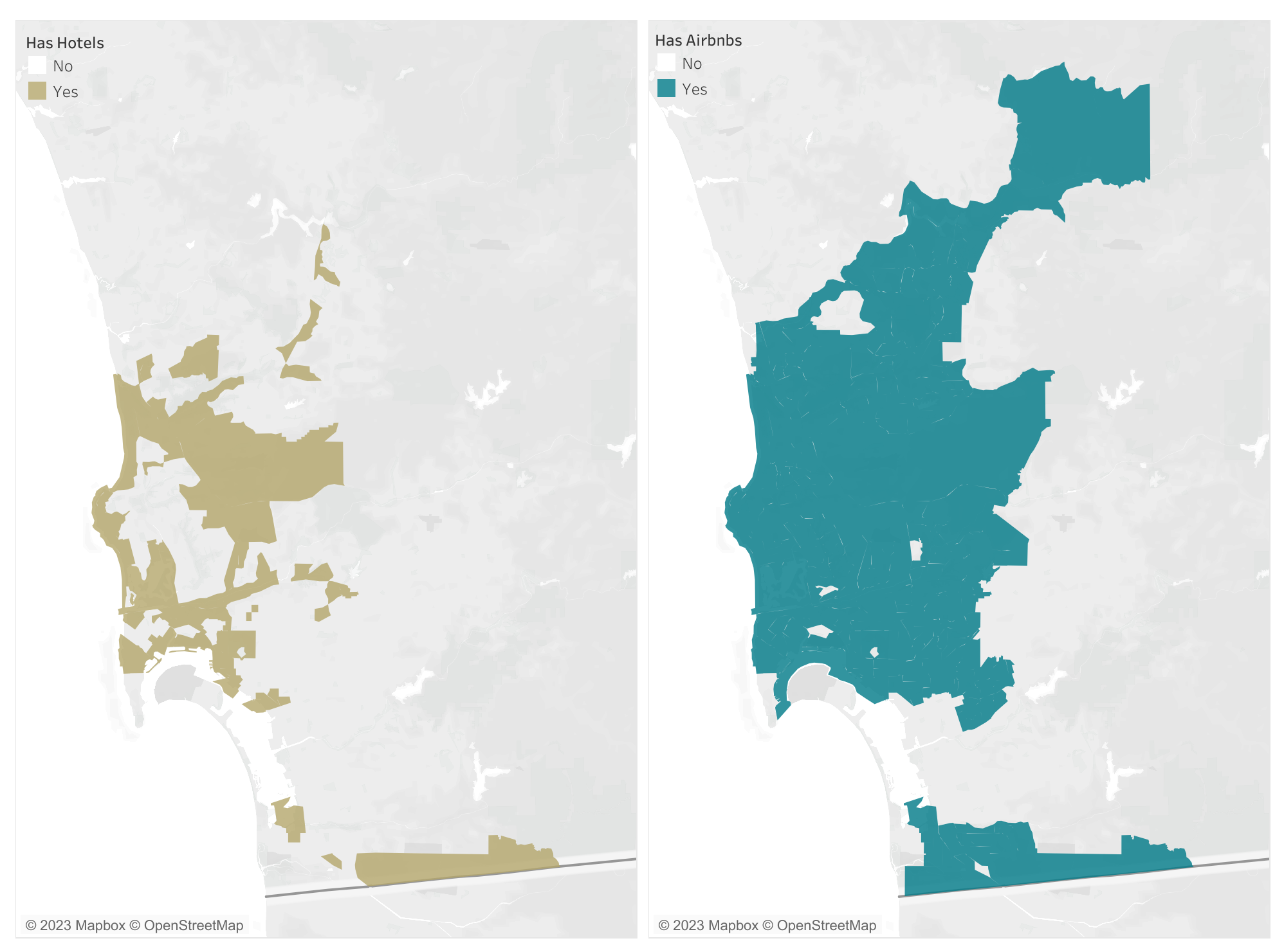 A map comparison of where hotels exist and where Airbnbs exist in San Diego, CA