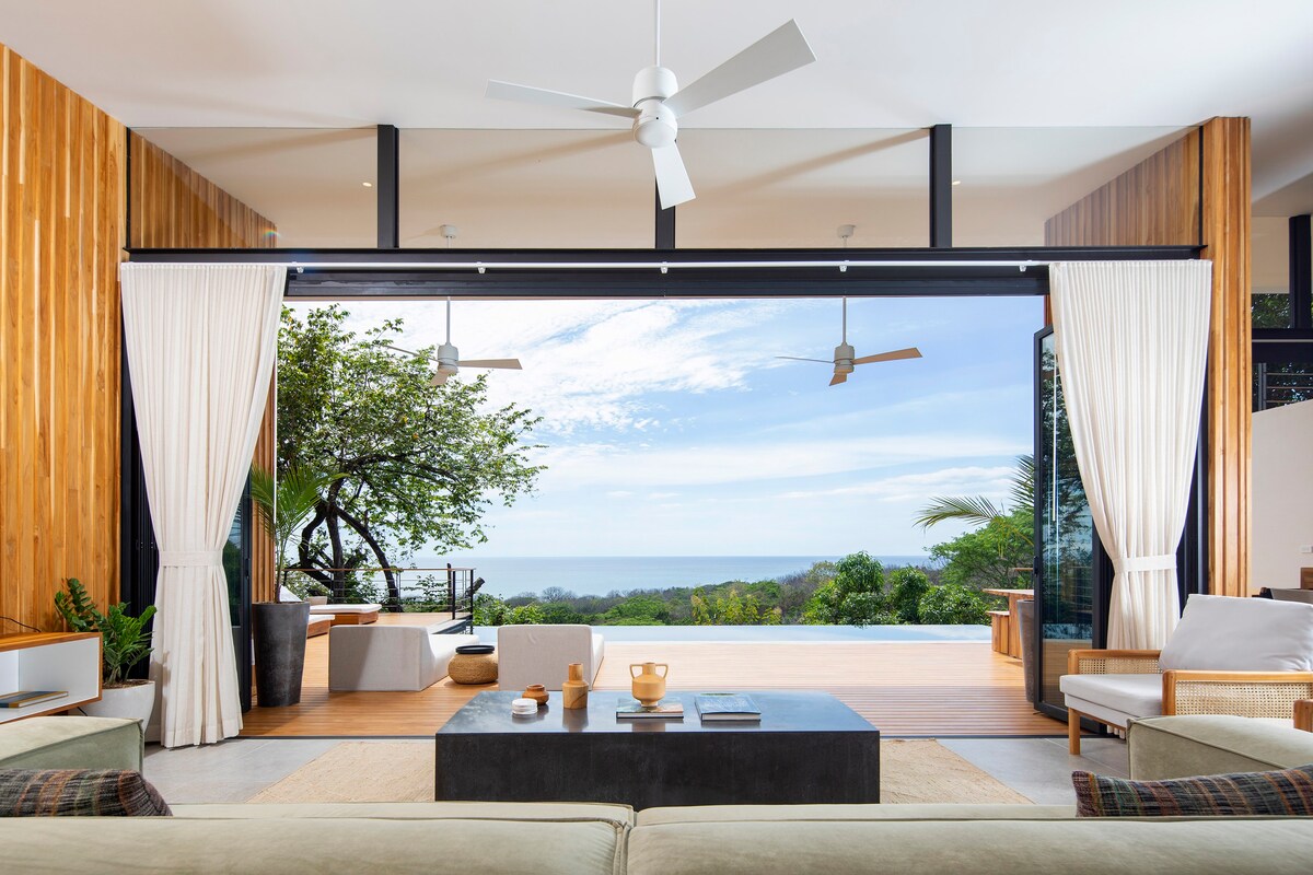 A contemporary living room with an ocean view