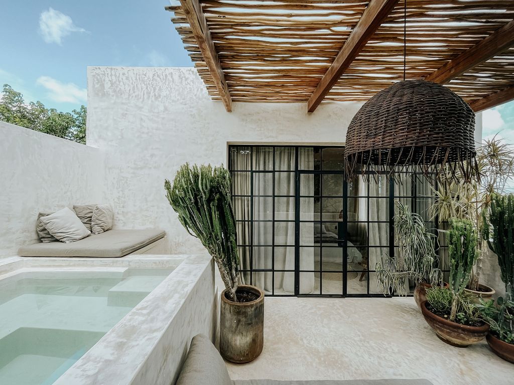 Photo of a tropical villa and private pool with plants and cacti in the foreground. 
