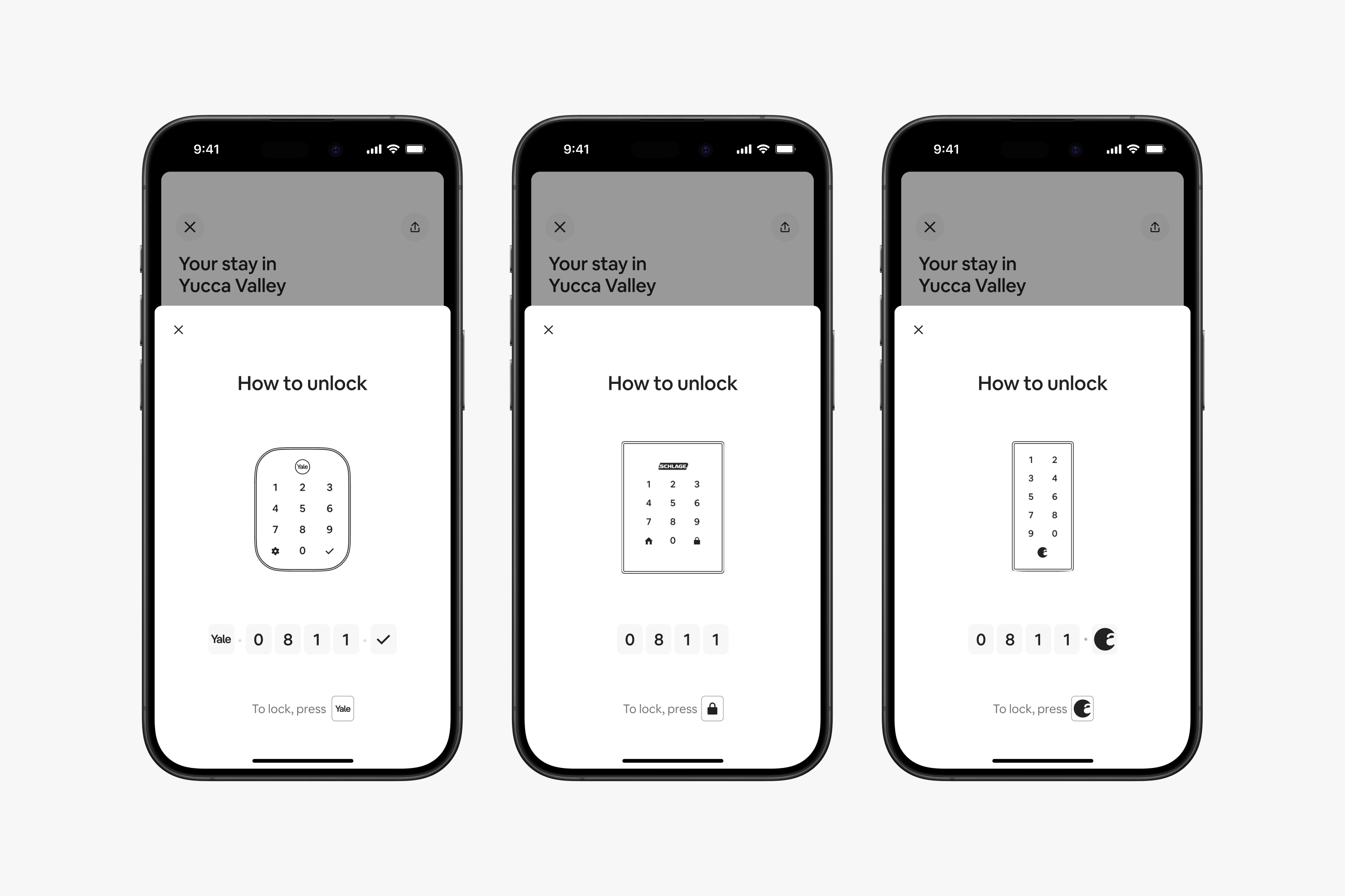 Three phone screens displaying how to unlock different smart locks.