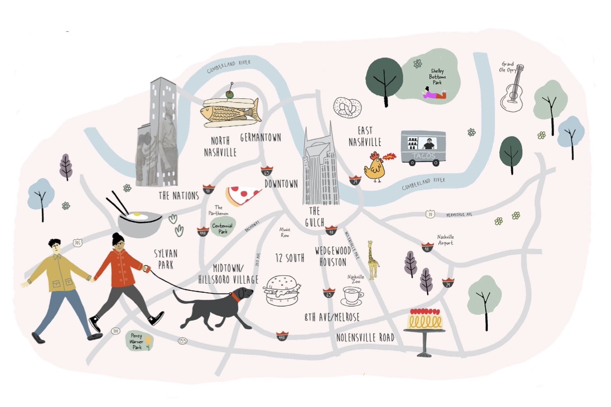 Illustrated map of Nashville attractions including restaurants and parks