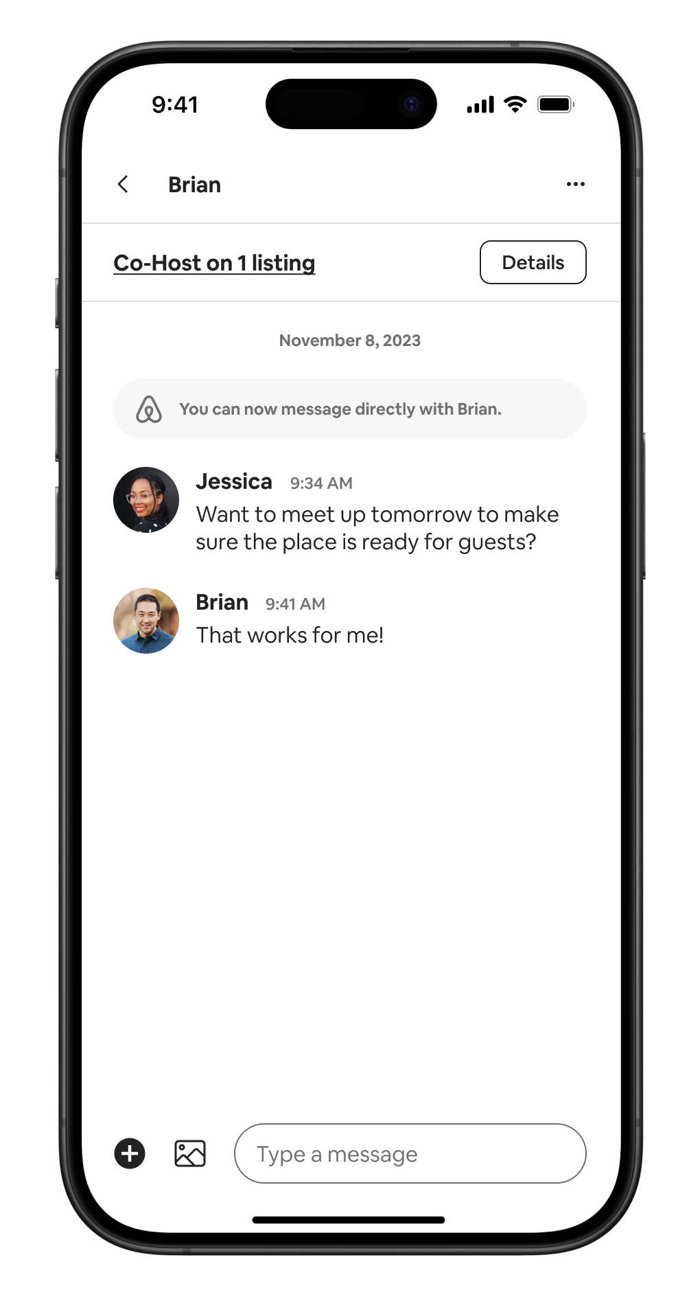 Phone screen showing a conversation between Co-Hosts.