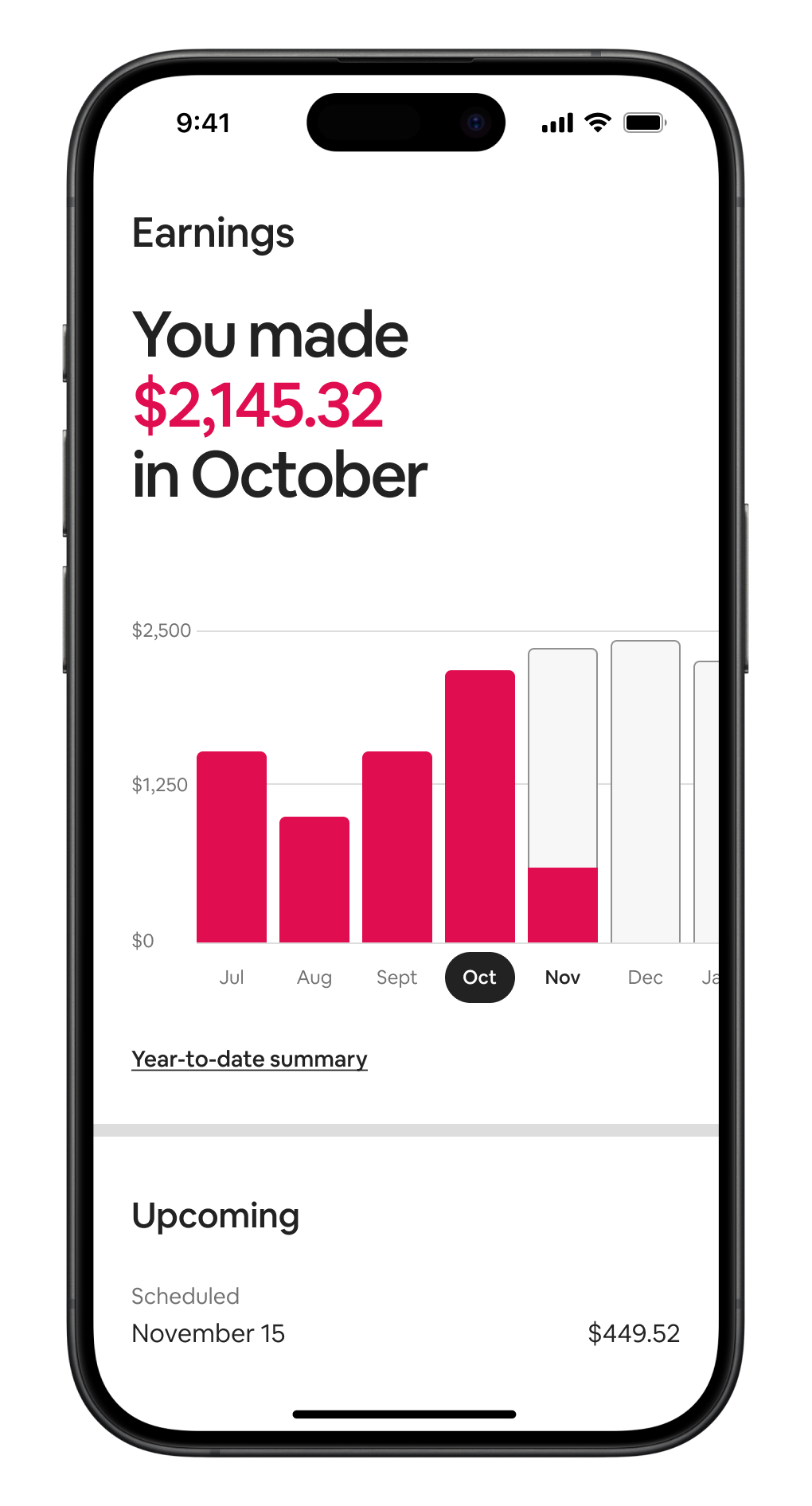 Phone screen with a pink bar graph showcasing Host earnings.