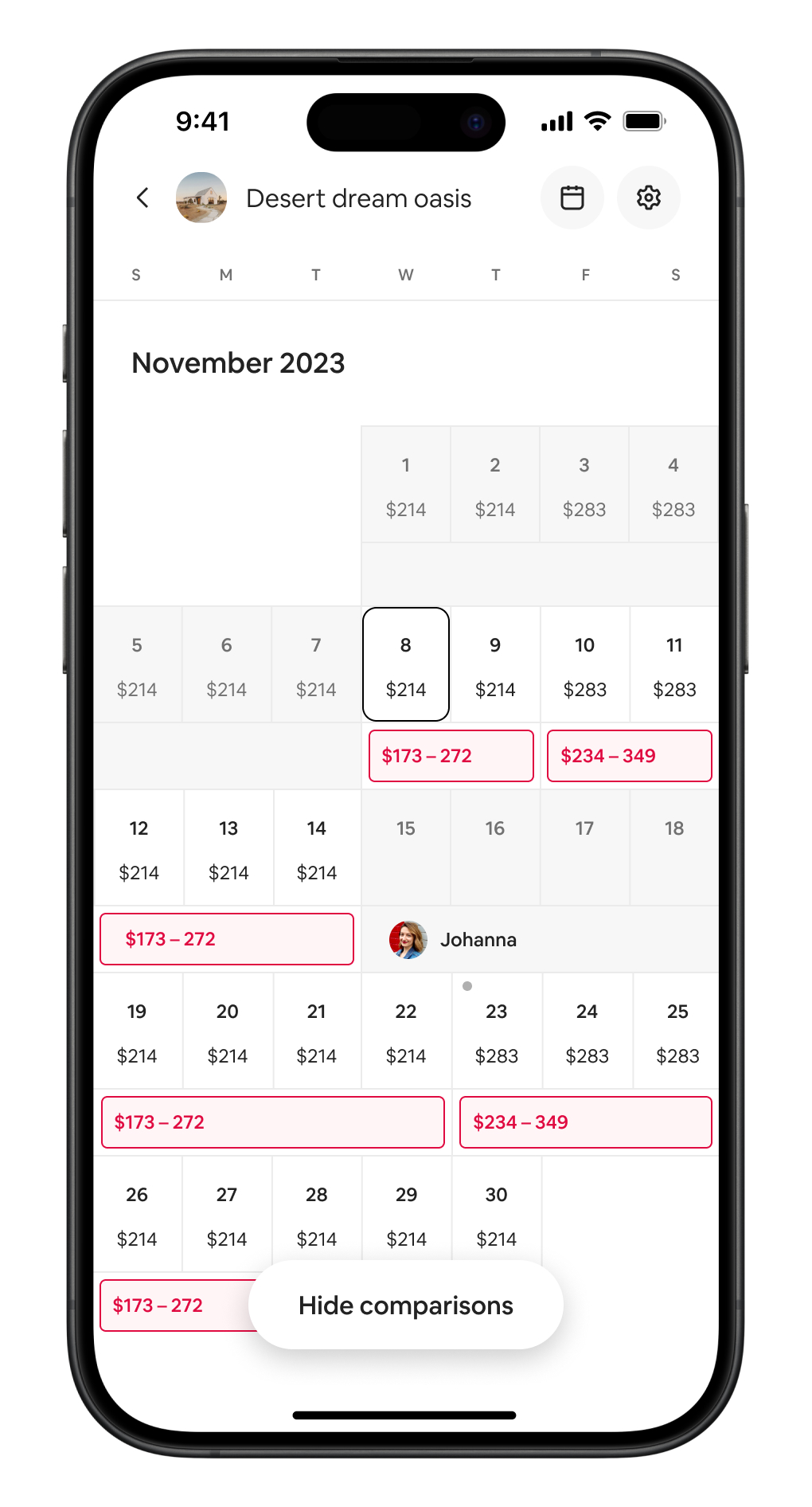 Phone screen with calendar view open which includes a view of Host pricing.