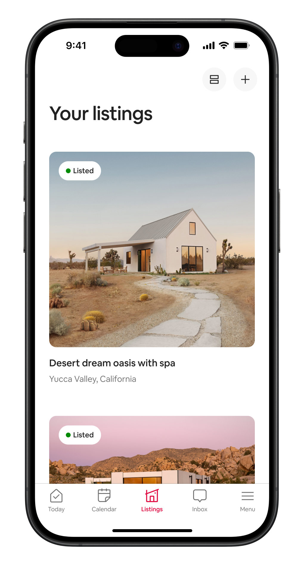 Phone screen with the Airbnb Listings Tab open, showcasing user listings.