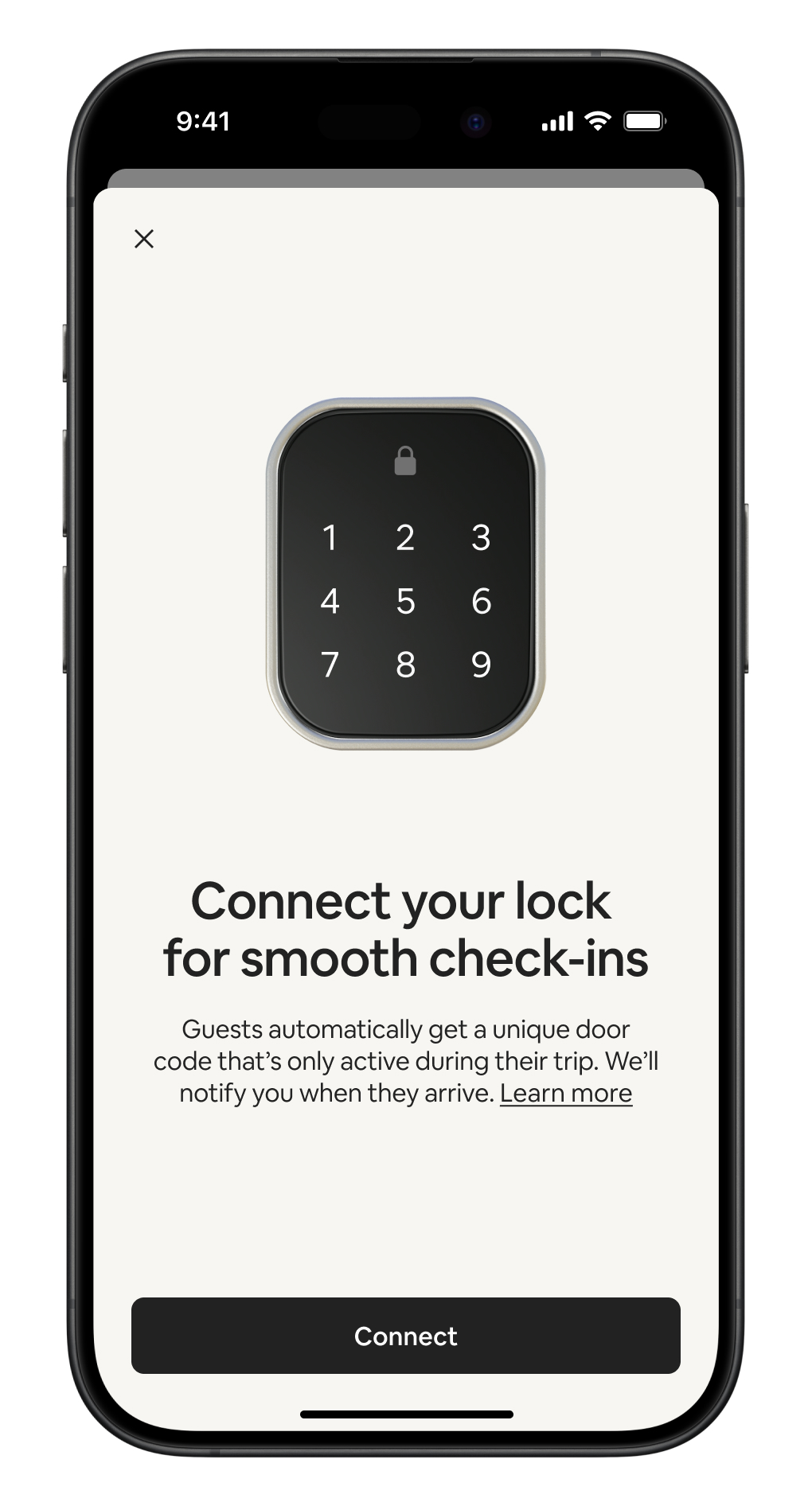 Phone screen with lock pad screenshot inviting users to connect their lock for smooth check ins.