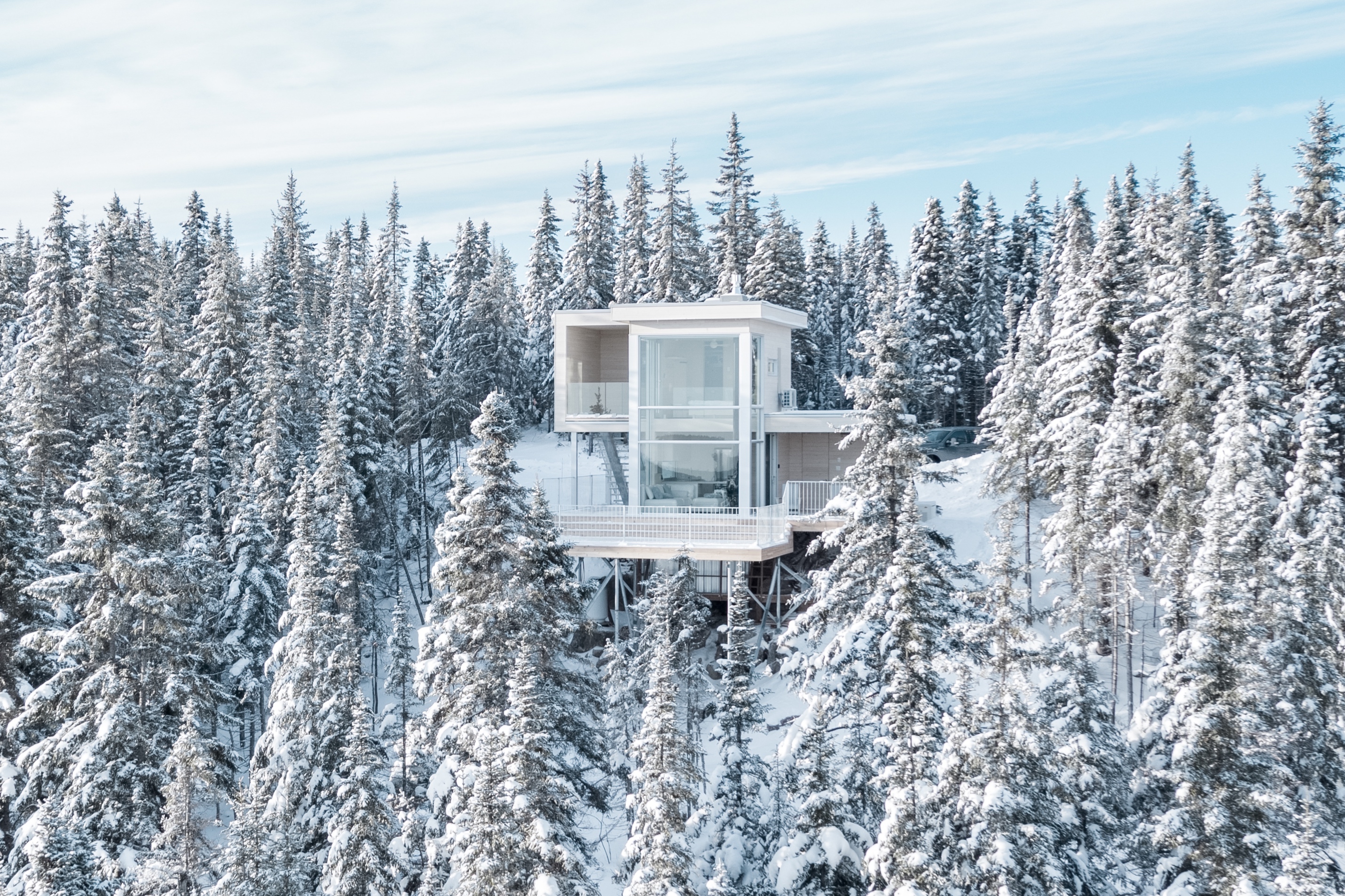 A snow-capped forest with a while cube-designed home. 
