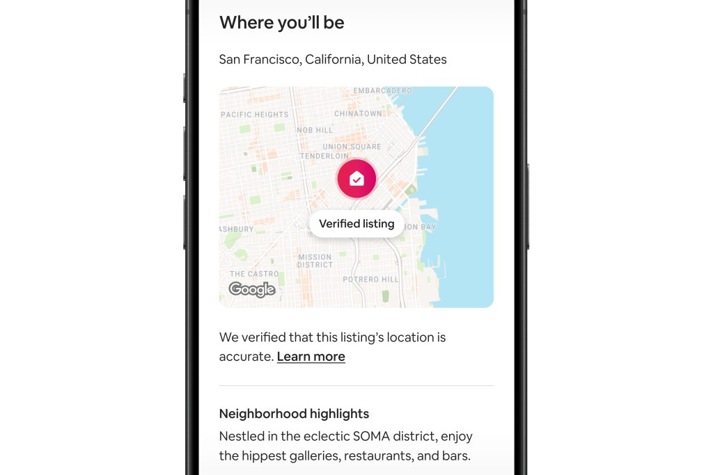 Phone screen view of the Verified Listings view on Airbnb. 