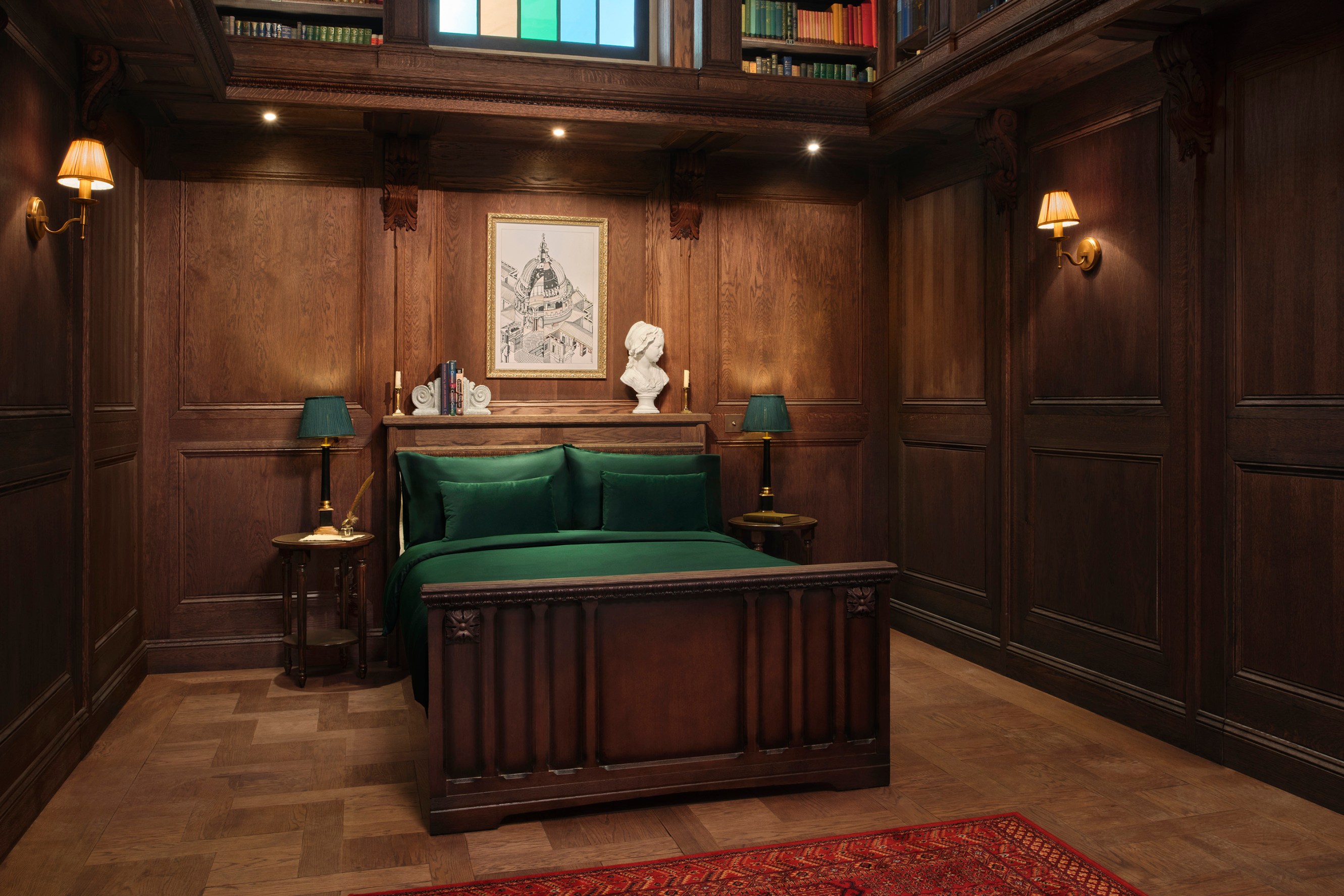 Shot of the wood panelled bedroom that has been specially constructed in the Hidden Library of Saint Paul's Cathedral. 