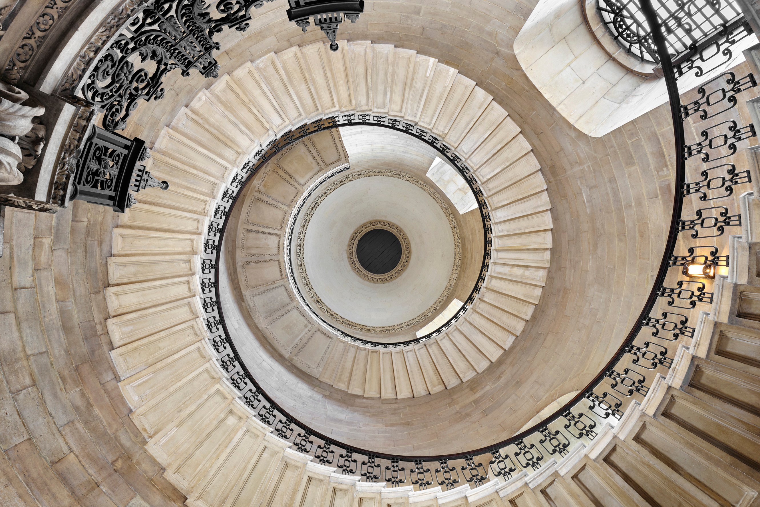 Aerial view of the famous Geometric Staircase in St. Paul's, designed by Sir Christopher Wren.
