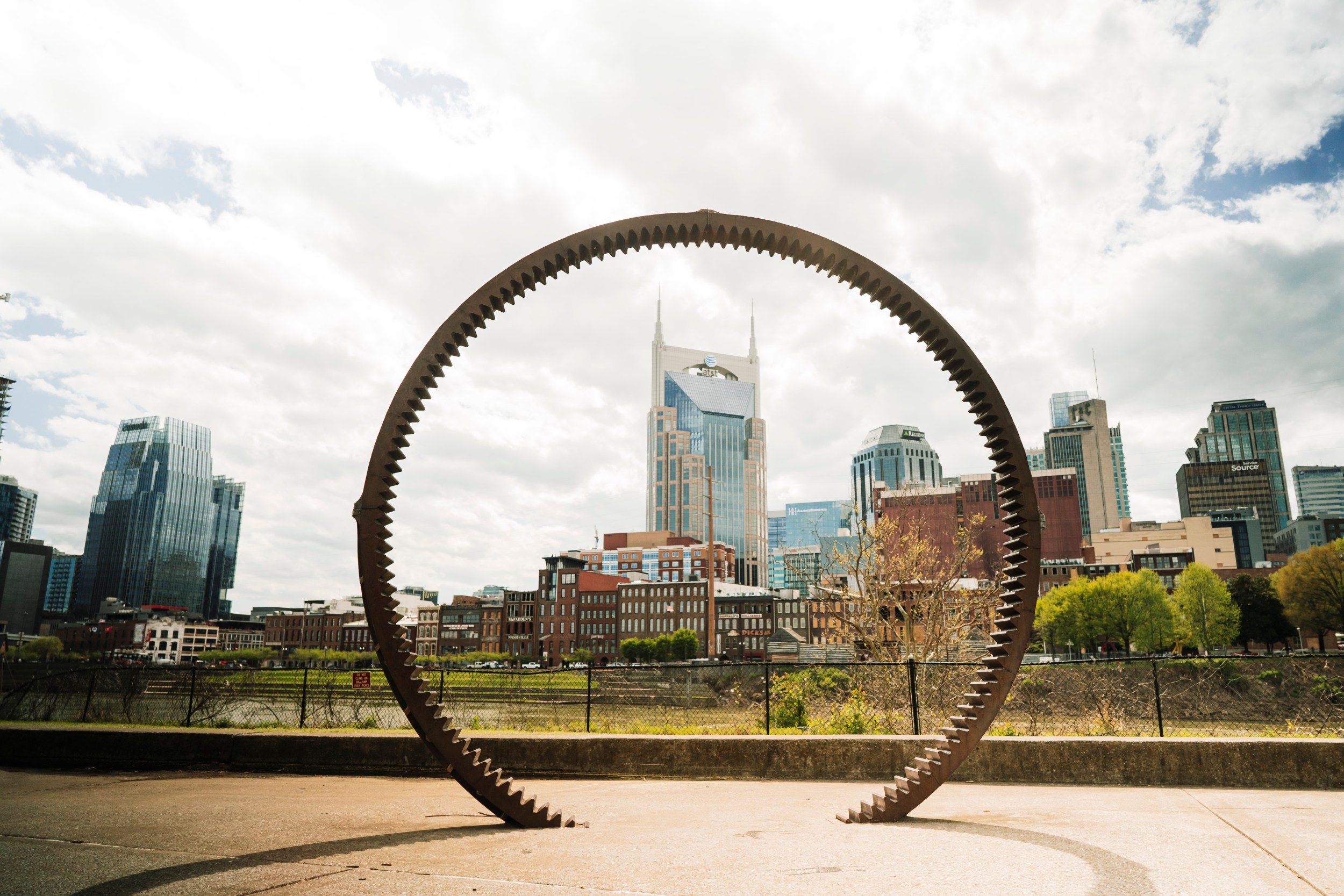 Downtown Nashville with a circle in the foreground and several building in the back ground