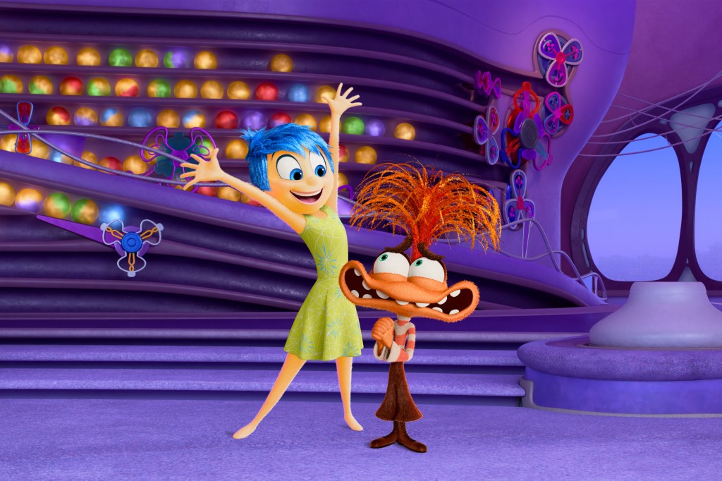 Animated characters from Inside Out 2 expressing big emotions in a purple room with glowing balls of memories behind them. 