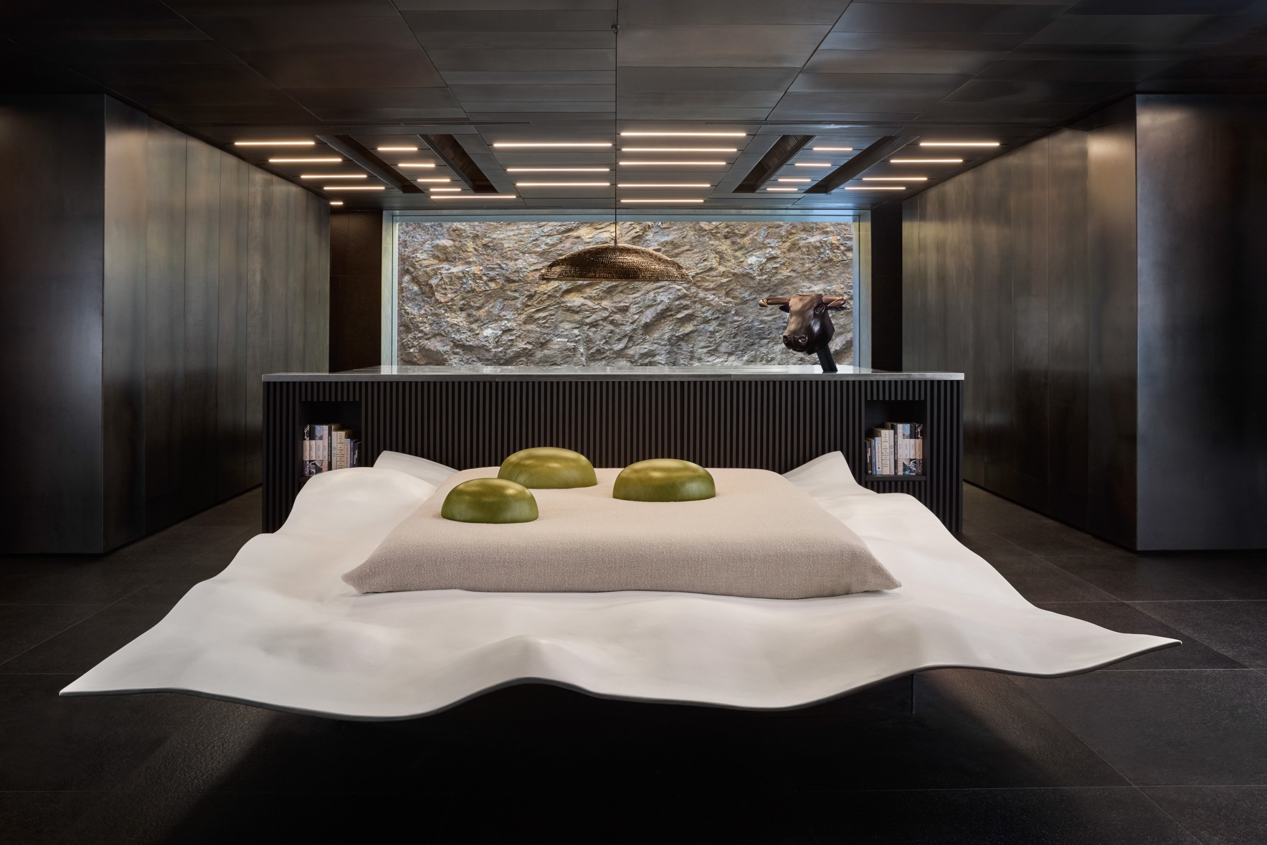 Shot of the bed, a piece of furniture inspired by the famous olive dish created by elBulli in its heyday.
