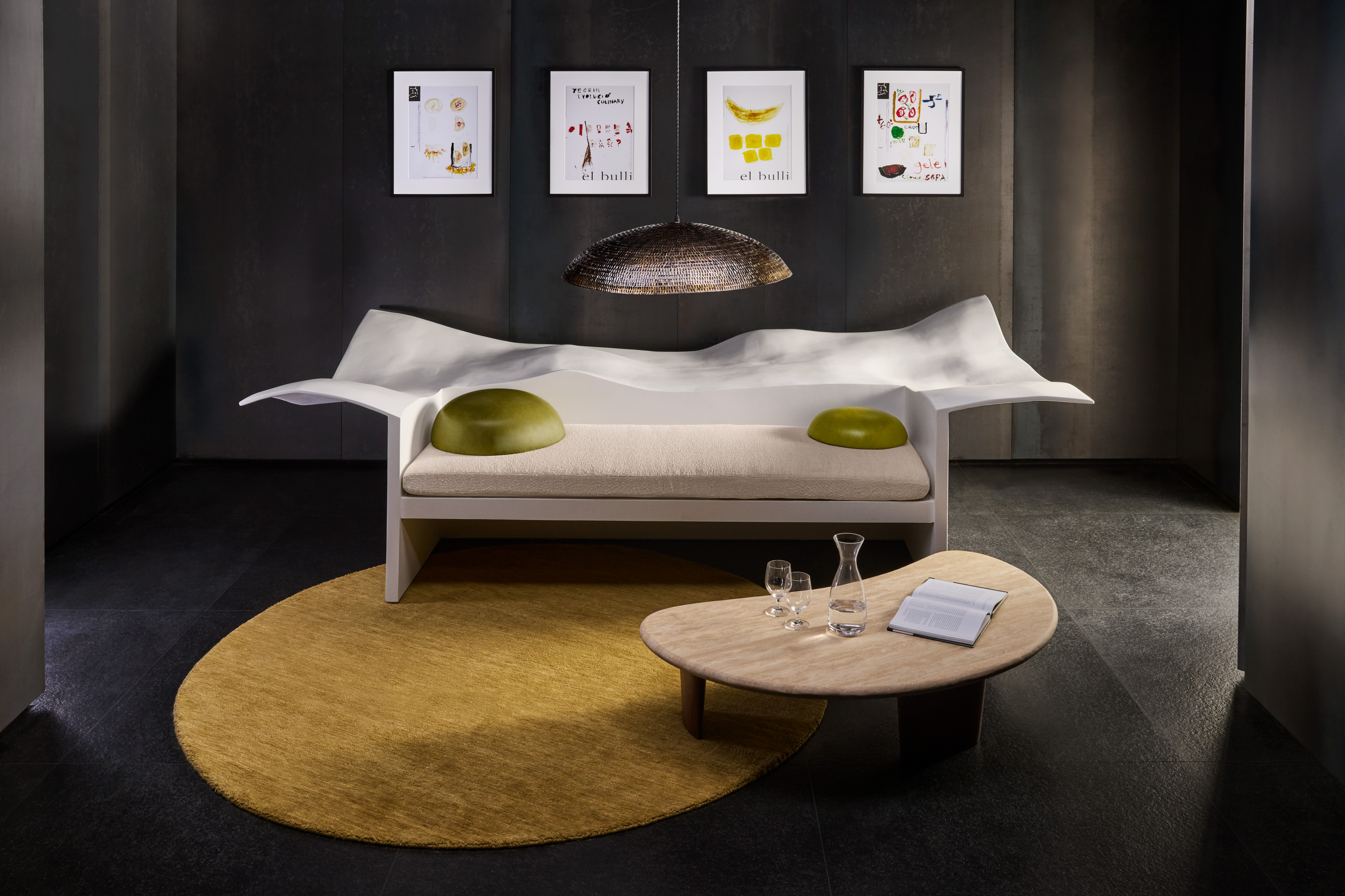 Interior shot of the Stay, showing a sepcially designed sofa insired by one of the famous olive dishes by elBulli.