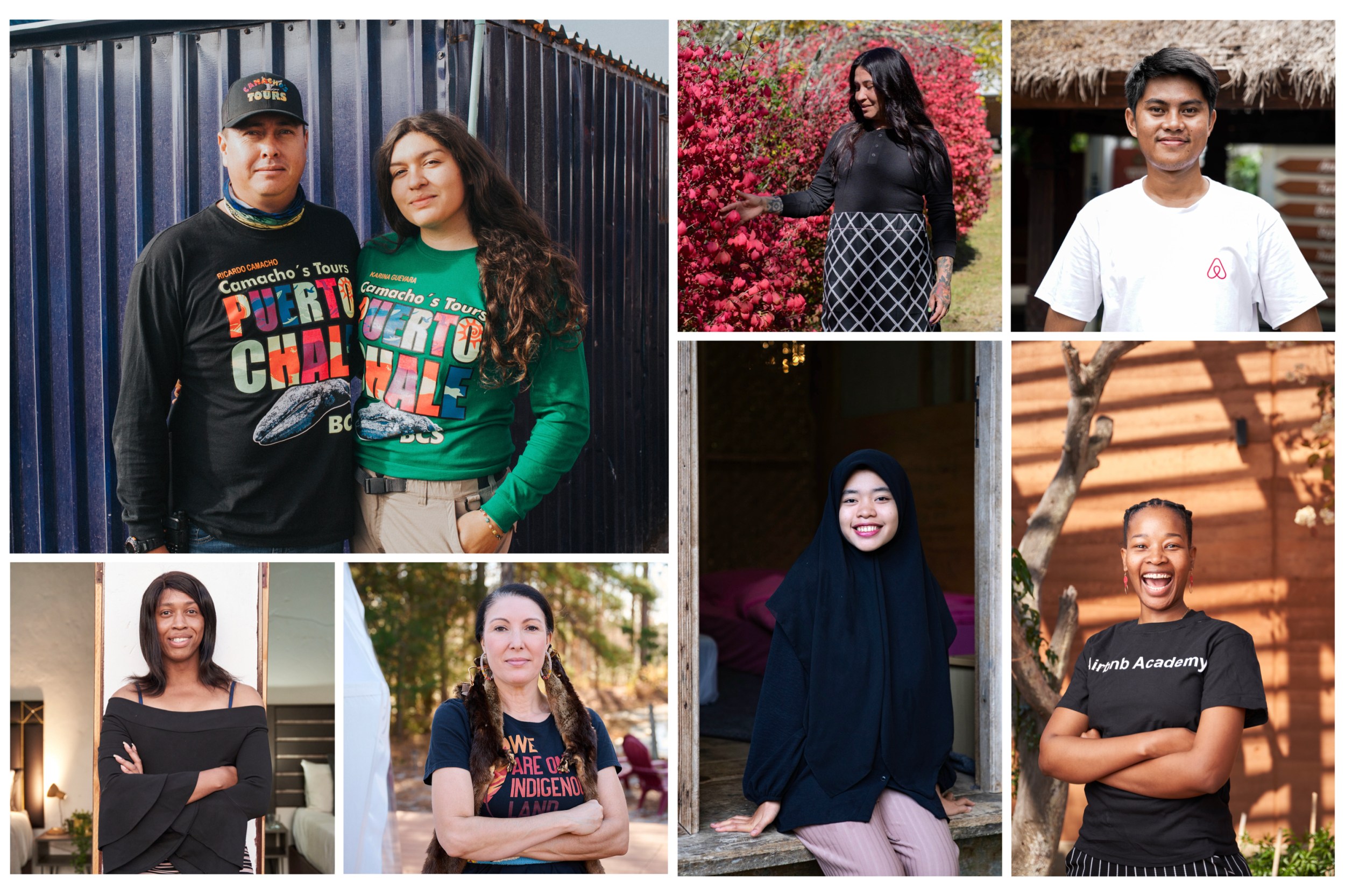 Collage of photos of 8 different portraits of people looking at the camera