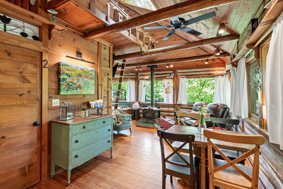 Living room with wood fixtures