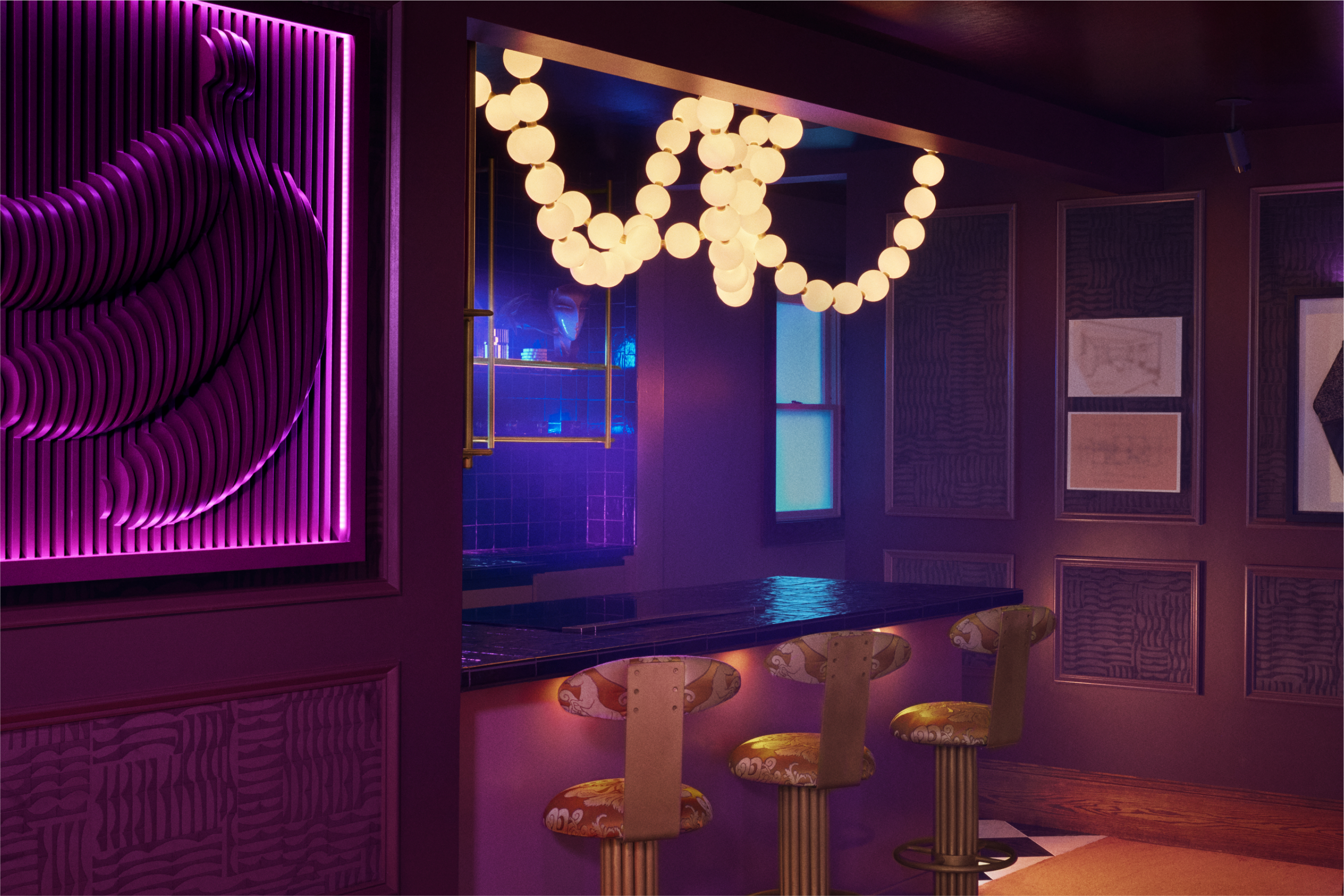 Bar with barstools and purple lighting