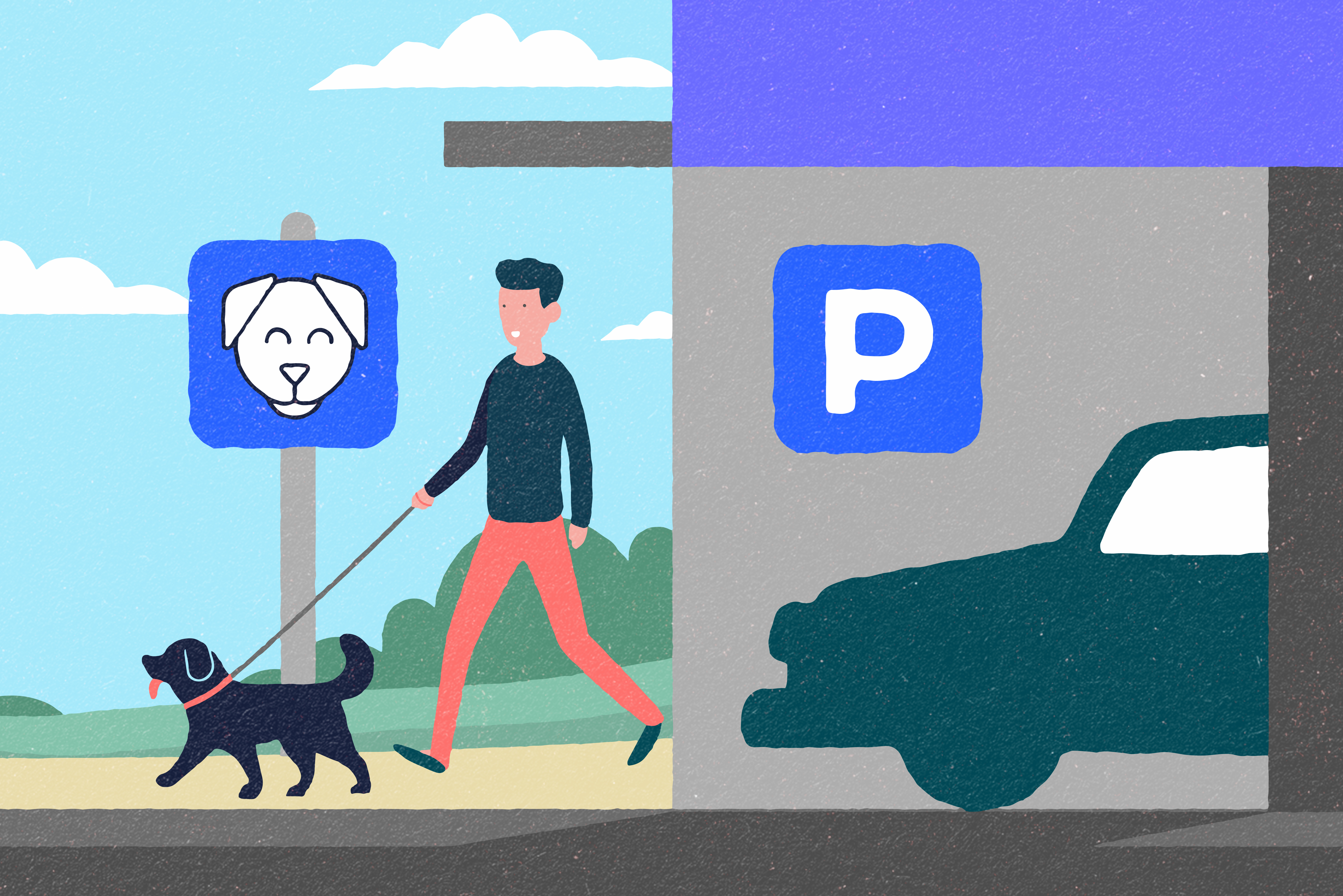 Ilustración de un carro parqueado en el costado derecho y una persona paseando un perro del lado izquierdo