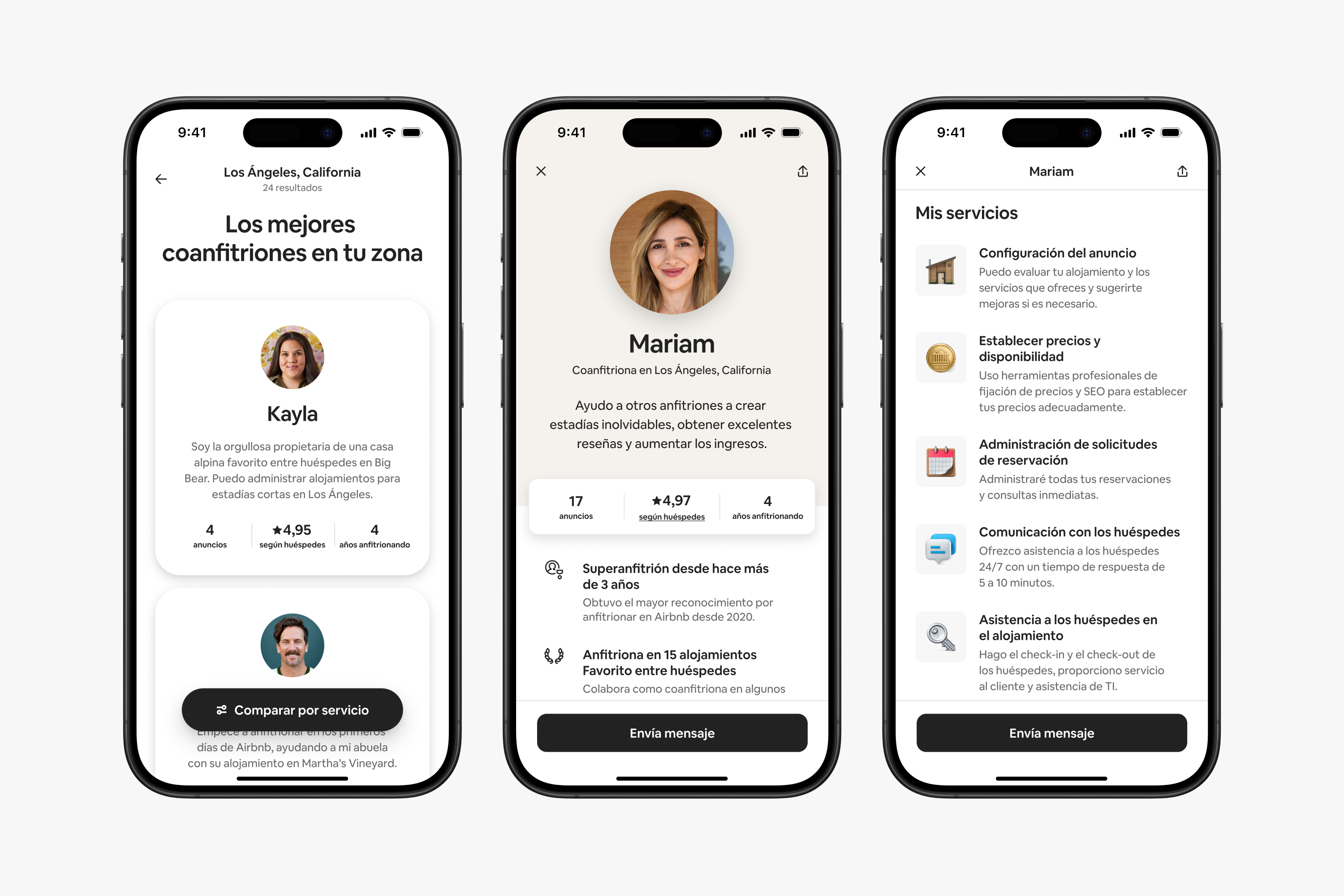 Tres imágenes de la pantalla de un teléfono con las  actualizaciones de la plataforma, incluyendo cómo se ve la red de coanfitriones.