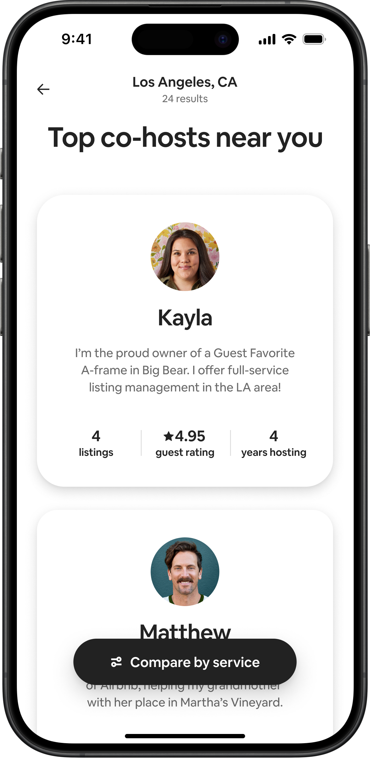 Mobile device screen showing Airbnb page of 'Top co-hosts near you' results in Los Angeles, CA. 