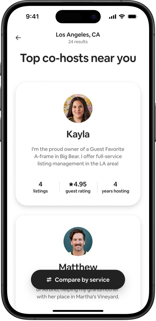 Mobile device screen showing Airbnb page of 'Top co-hosts near you' results in Los Angeles, CA.