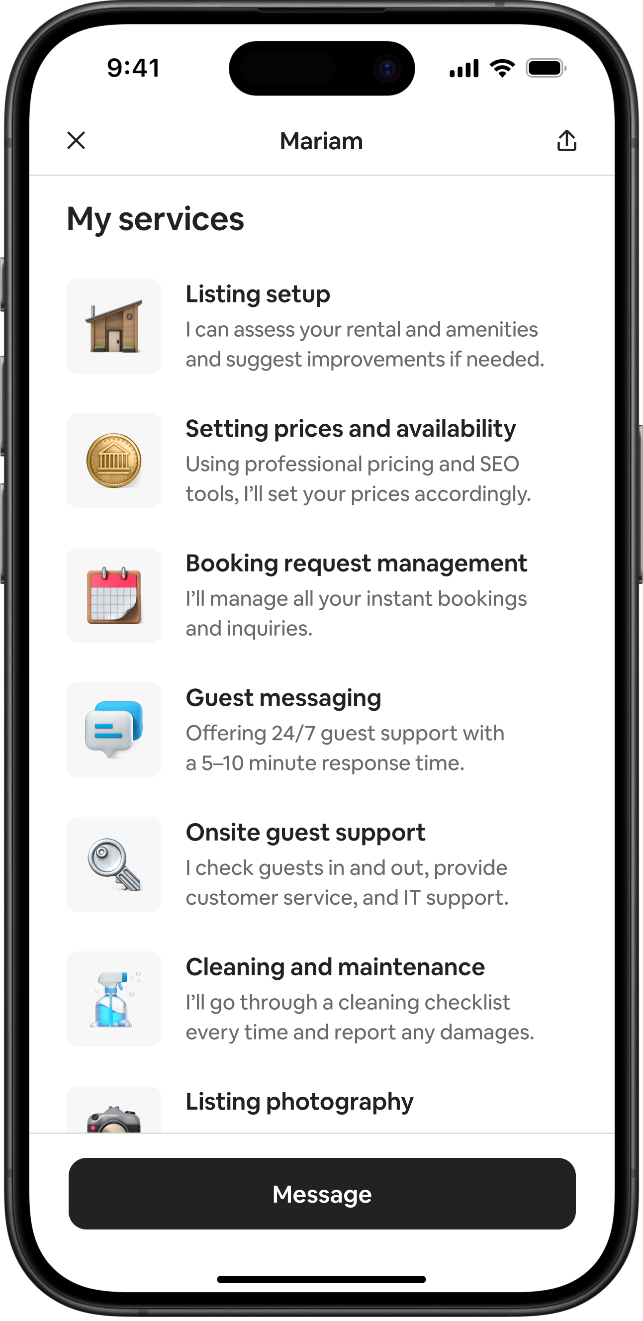 Mobile device screen showing a co-host's services they offer, including listing setup, setting prices and availability, booking request management and others.