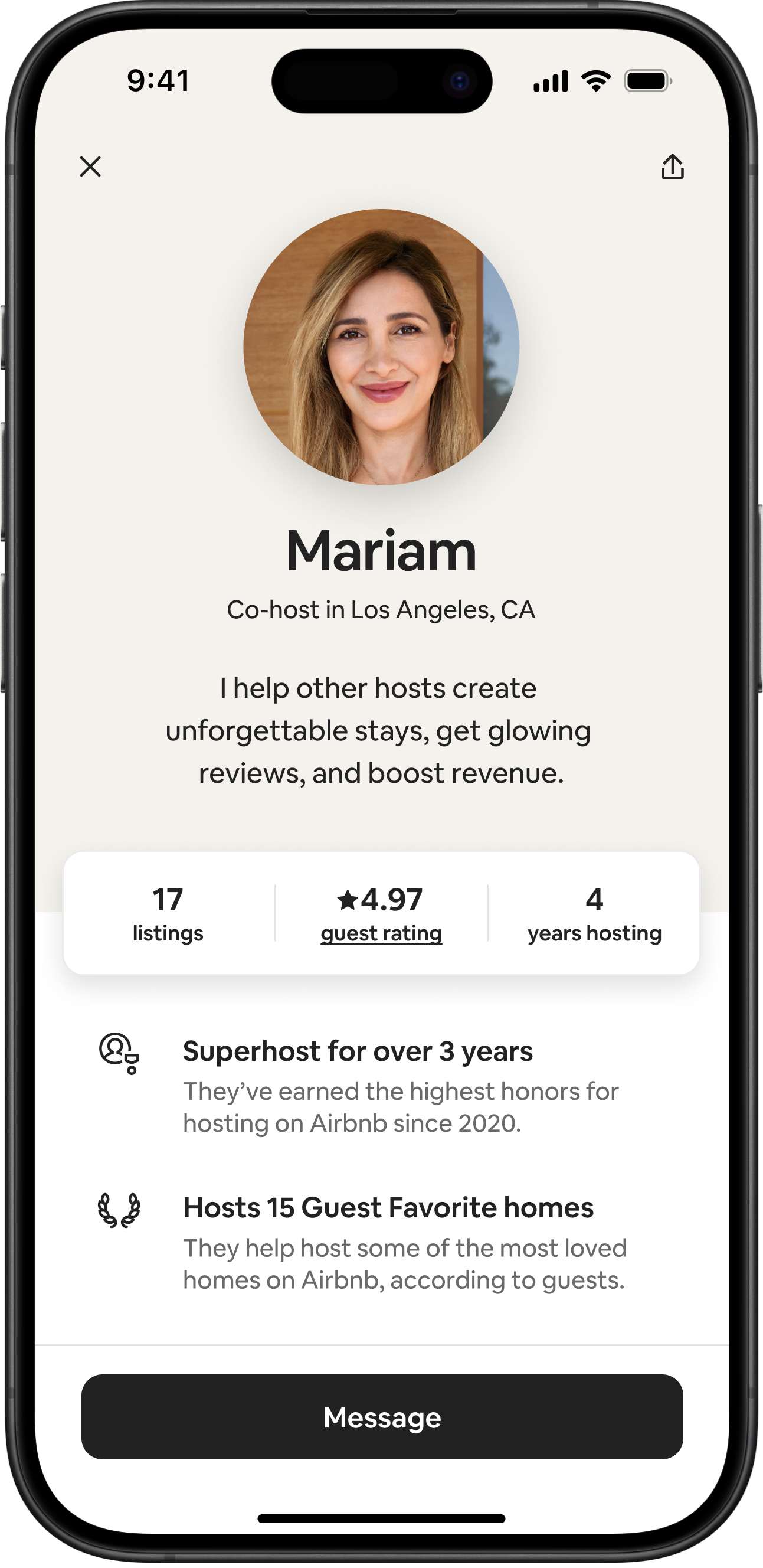 Mobile device screen showing a co-host profile for Mariam, based in Los Angeles, CA, including her number of listings she manages, her rating, how many years she's hosted and more details about her hosting history.