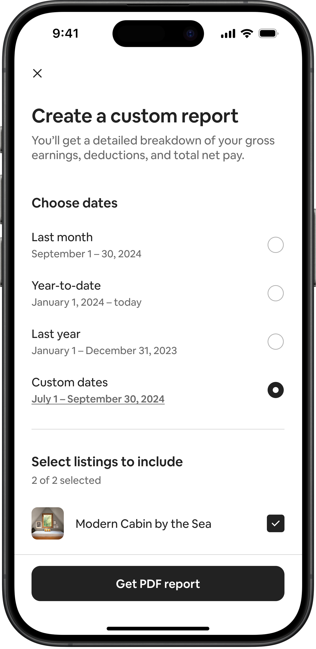 Mobile device screen showing how a host can create a custom report of their earnings from hosting, including specific date ranges.