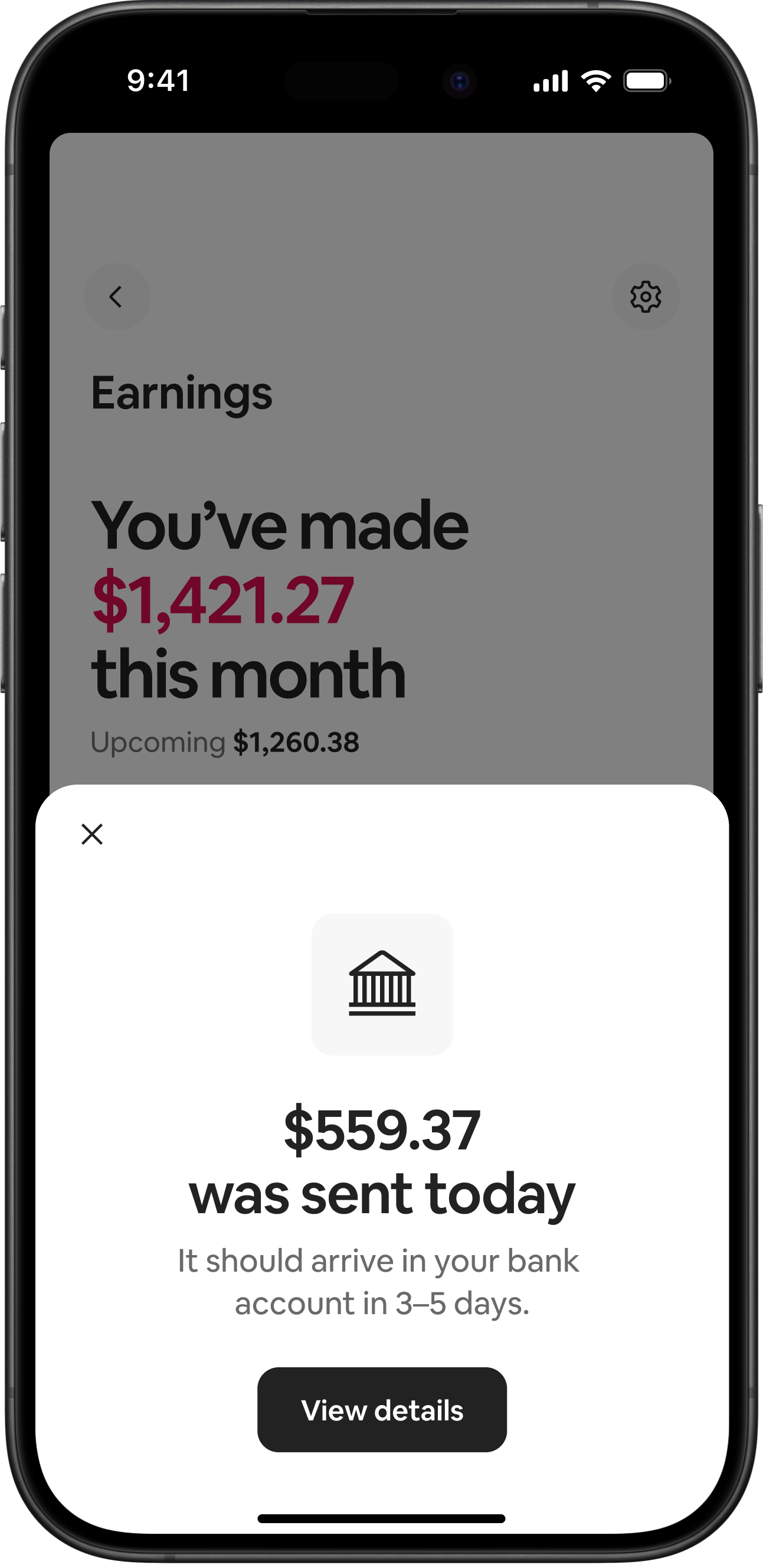 Mobile device screen showing a notification window that shows the amount of money that was sent to a host that day, and estimated arrival to their bank account.