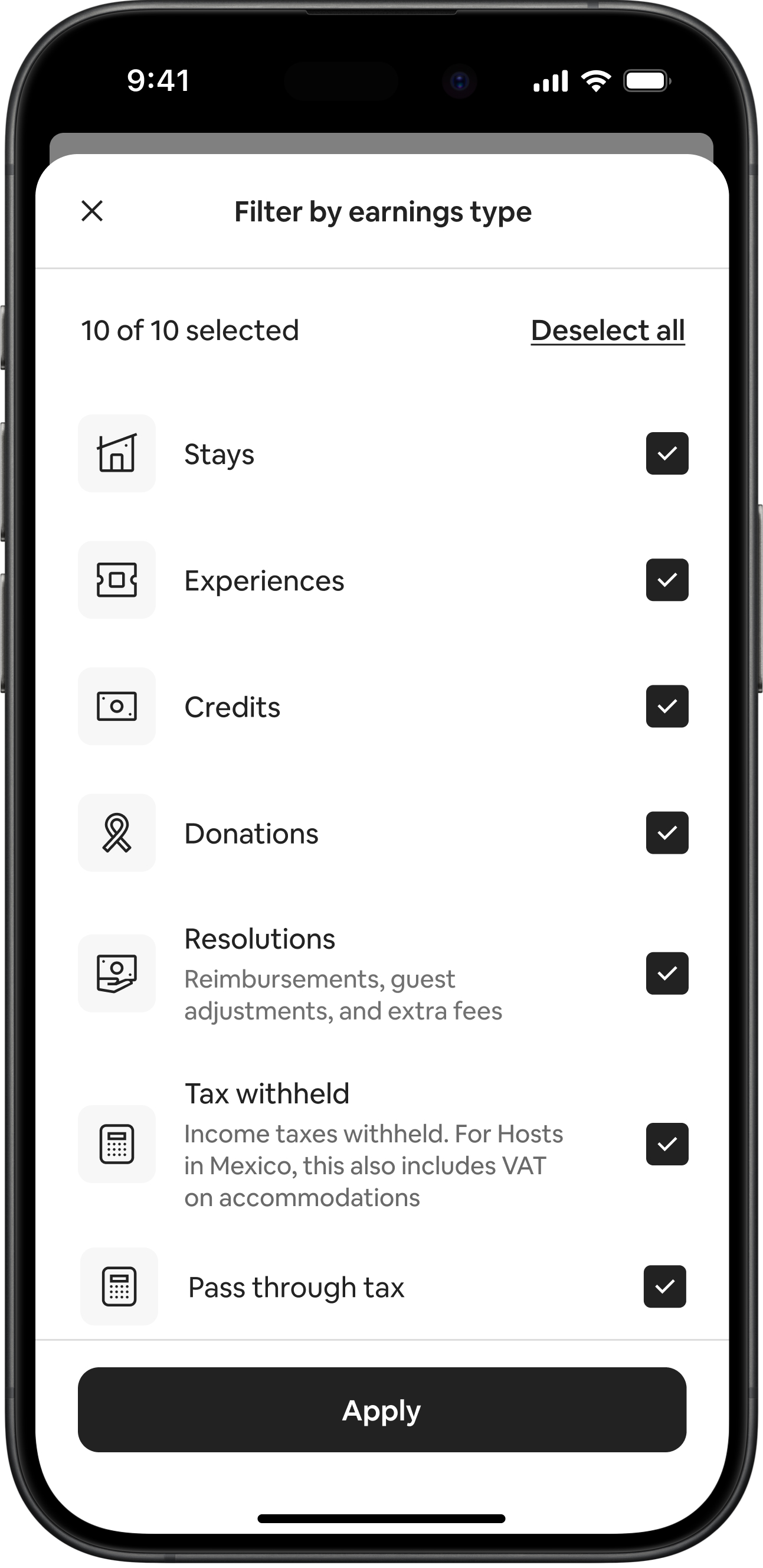 Mobile device screen showing another feature of custom reports for hosts, filters for earnings by type.