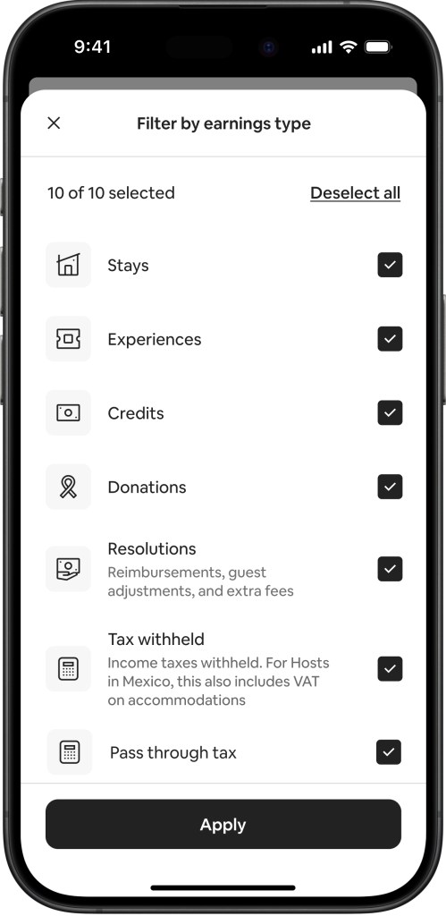 Mobile device screen showing another feature of custom reports for hosts, filters for earnings by type.