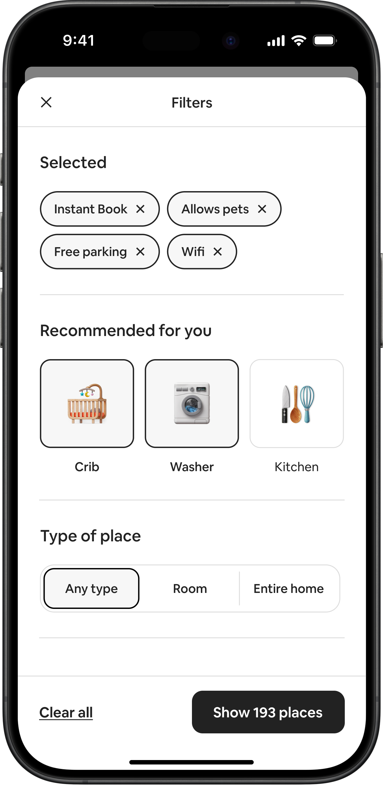 Mobile device screen showing a variety of selected filters being recommended to a guest searching for a place to stay.