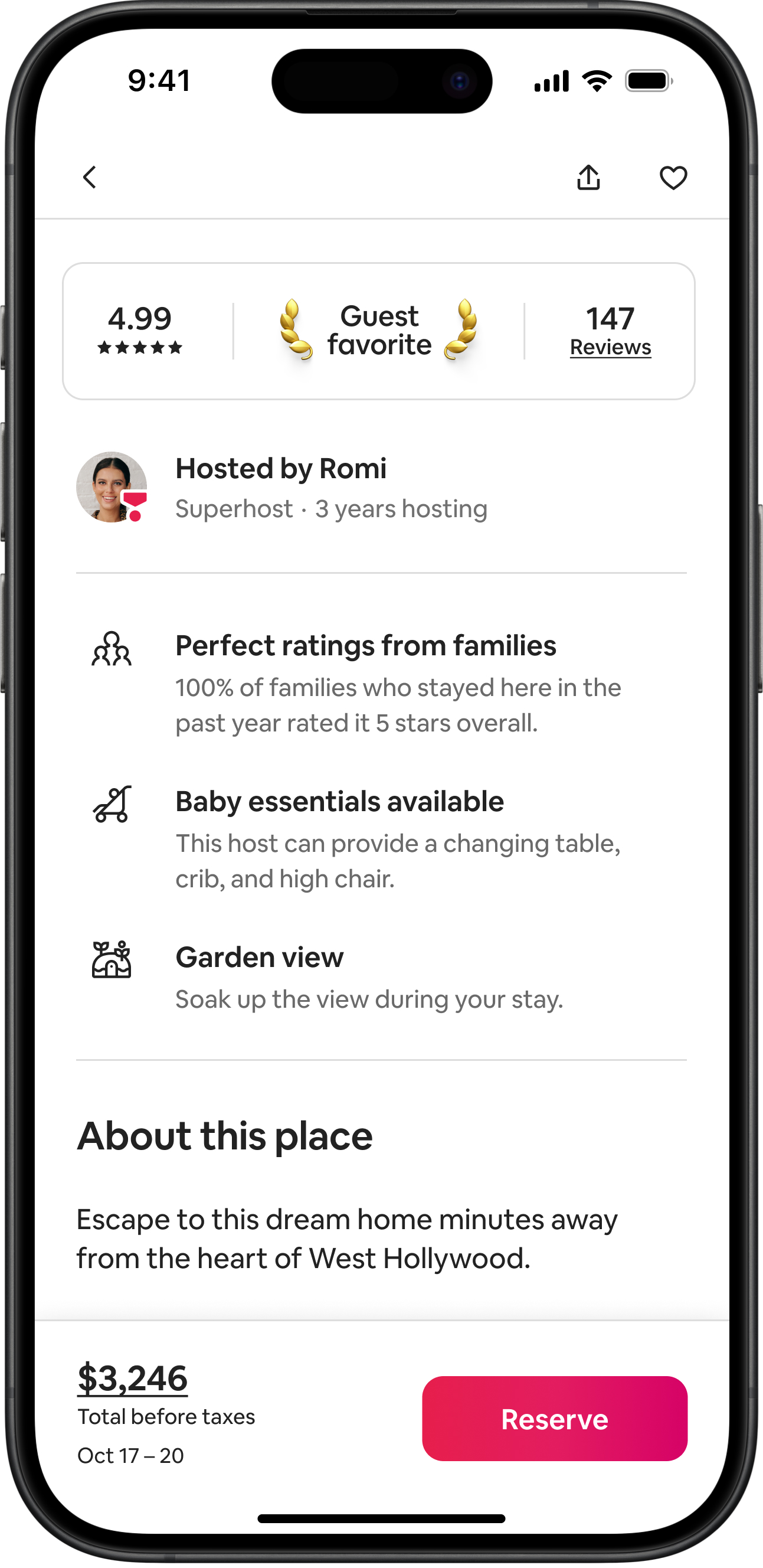 Mobile device screen showing an Airbnb host's listing page and personalized details about the listing's amenities and ratings catered to the type of guest that's looking at the page.