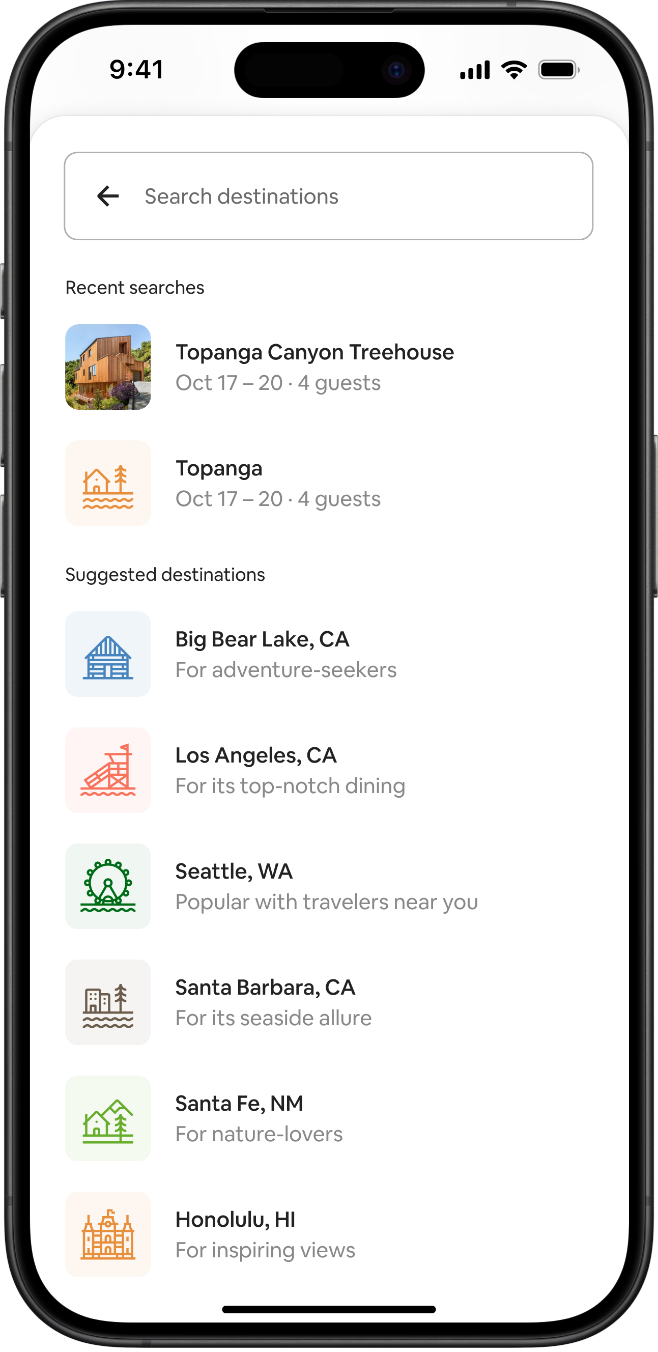 Mobile device screen showing suggested locations for a guest searching for a trip location.