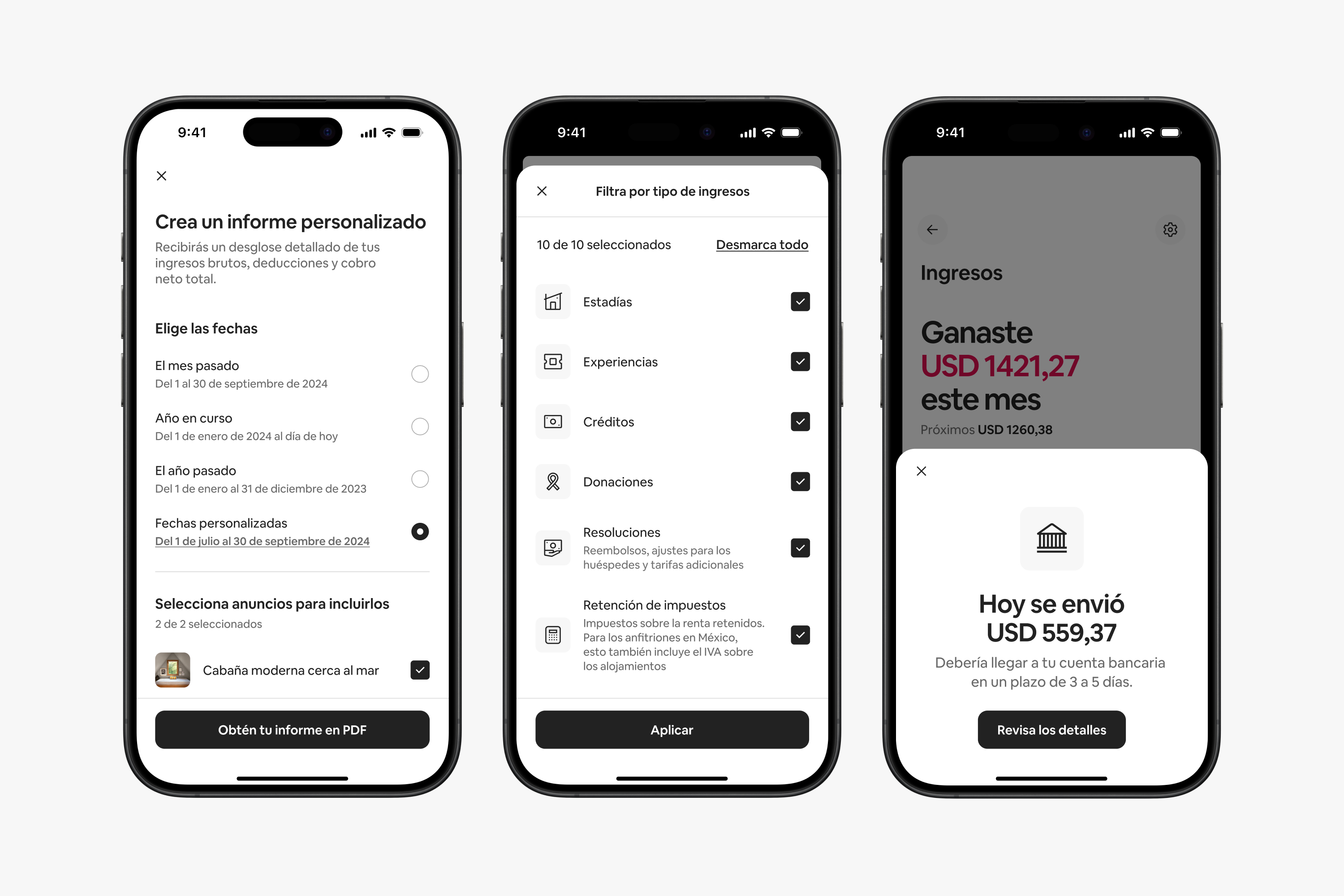 Tres imágenes de la pantalla de un teléfono con las  actualizaciones de la plataforma, incluyendo una pantalla para crear informes personalizados, filtrar por tipo de ingresos