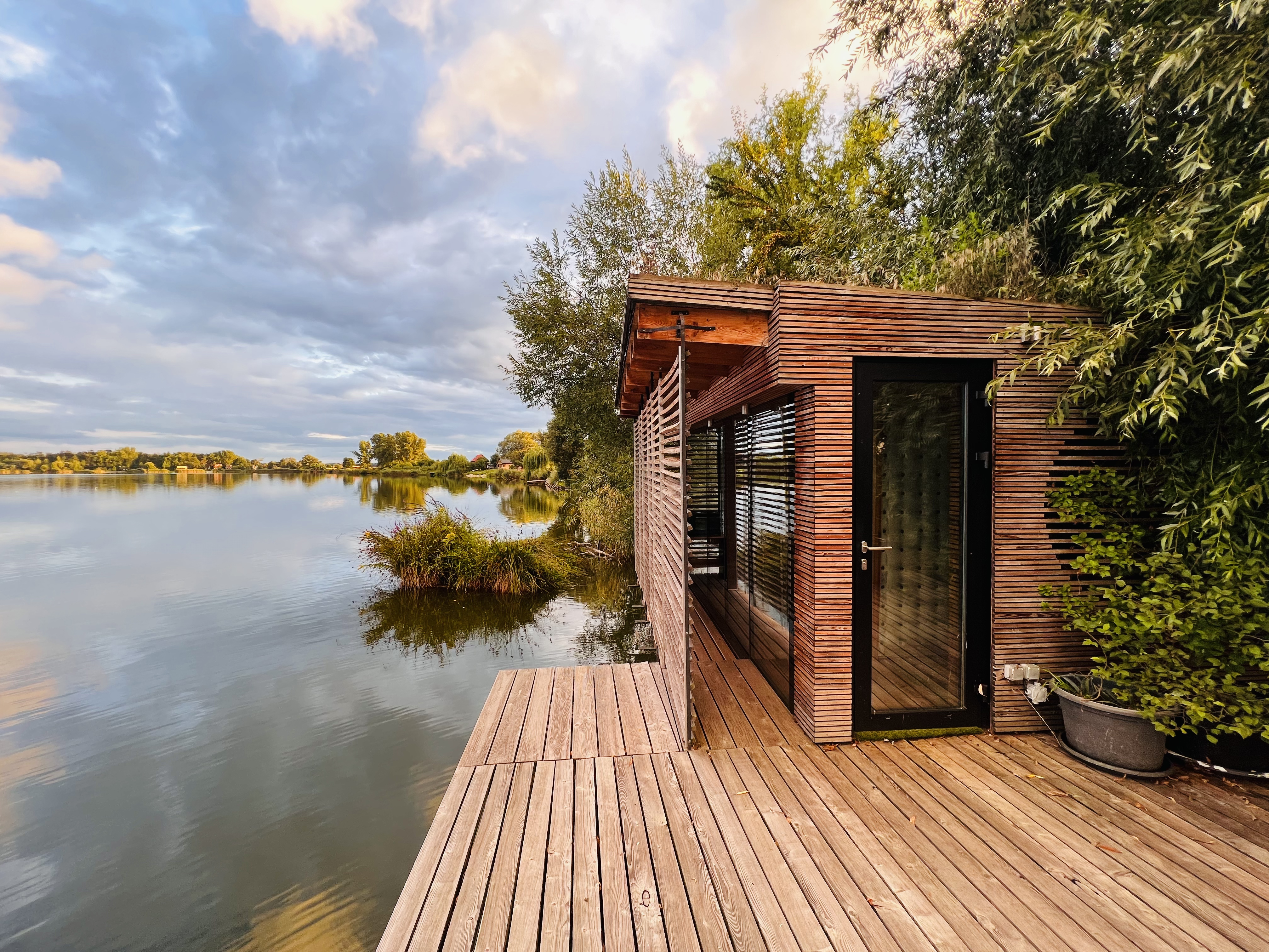 Wooden tiny home on the water