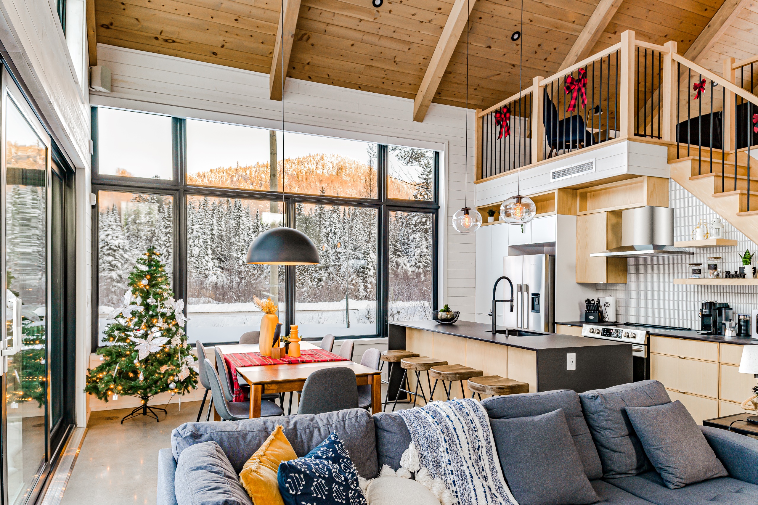 Interior of a chalet with windows