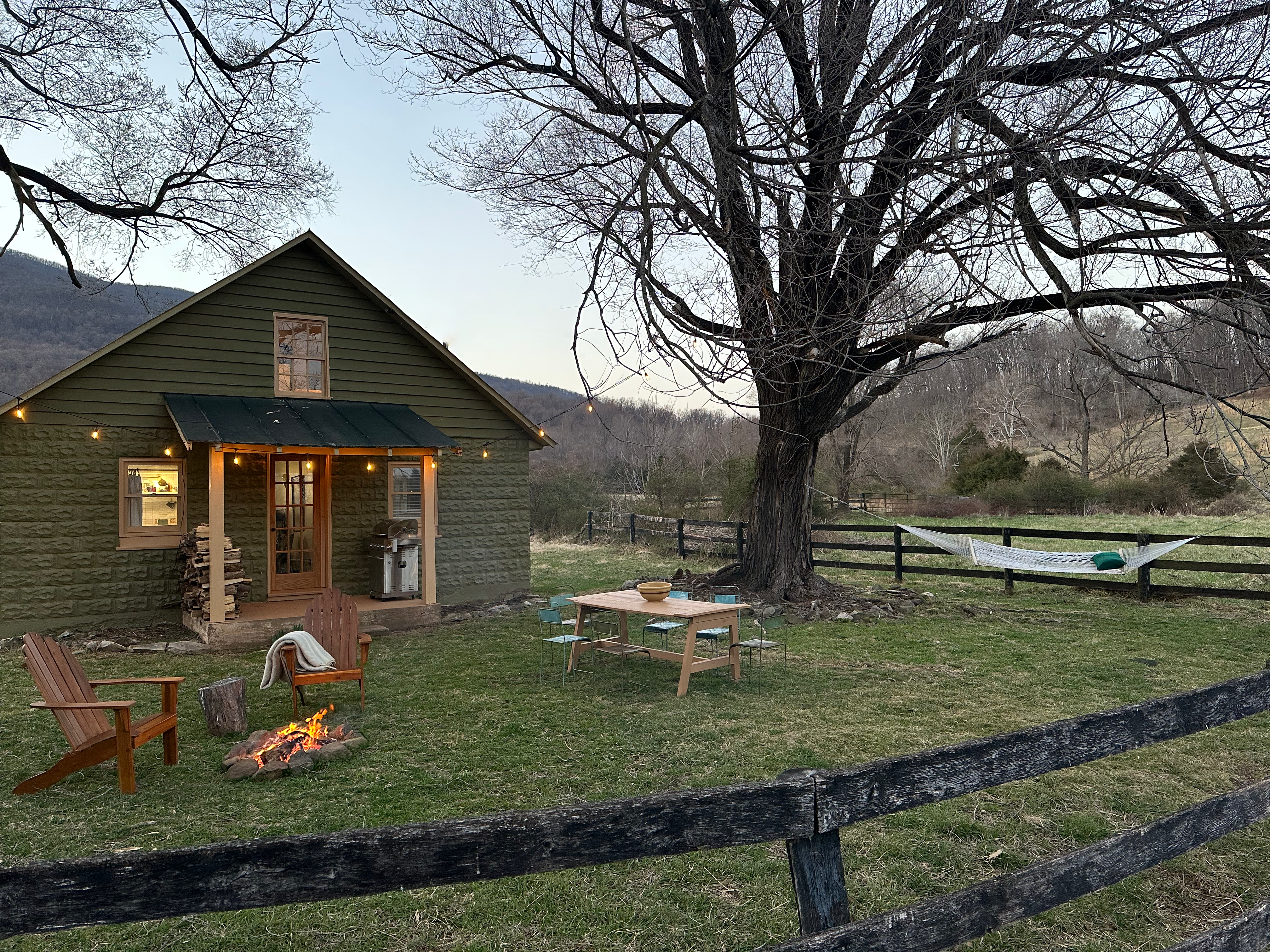 Exterior of a green cabin