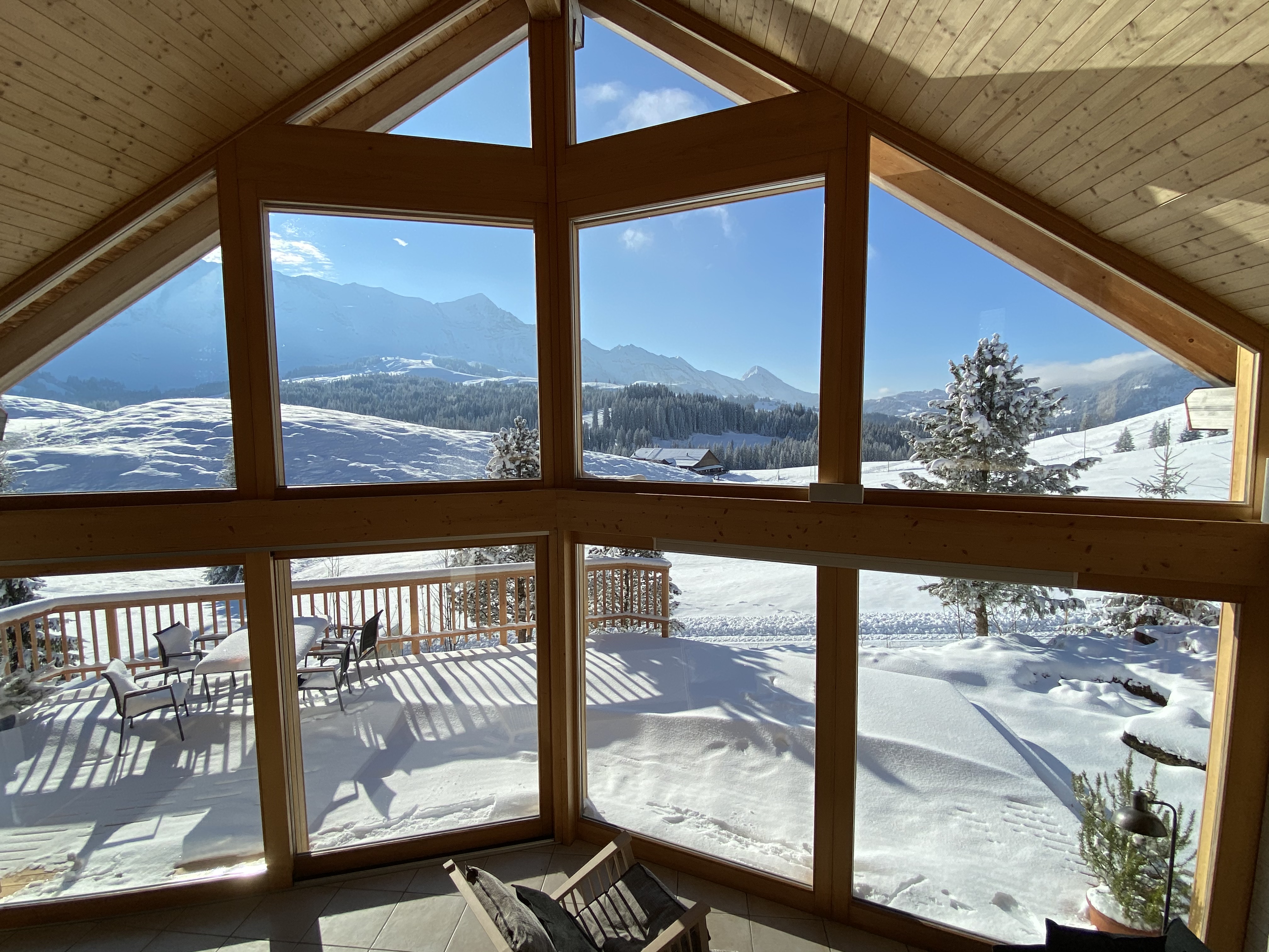 Interior of a cabin with glass walls