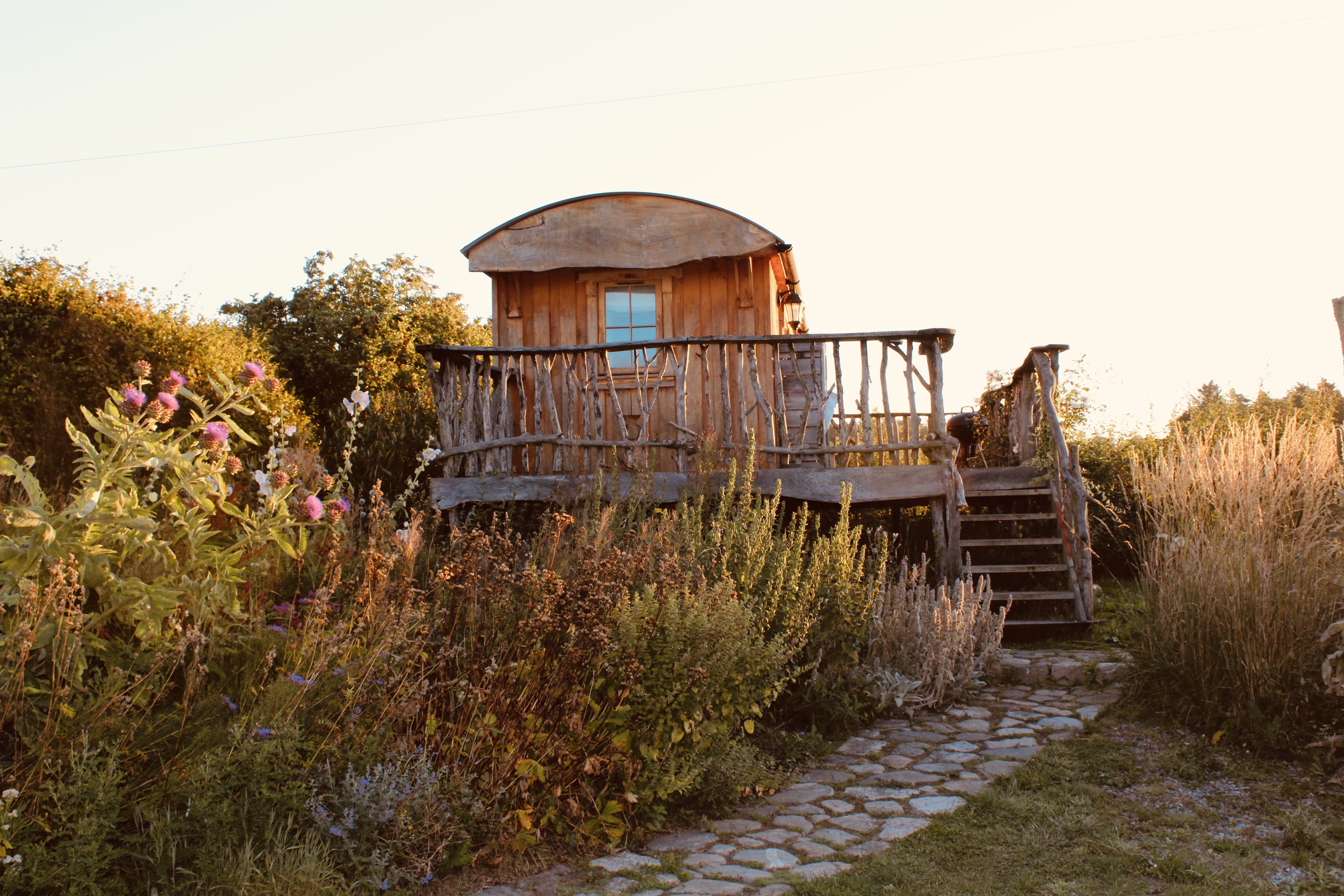 Exterior of a wooden Shepherd's Hut surrounded by grass