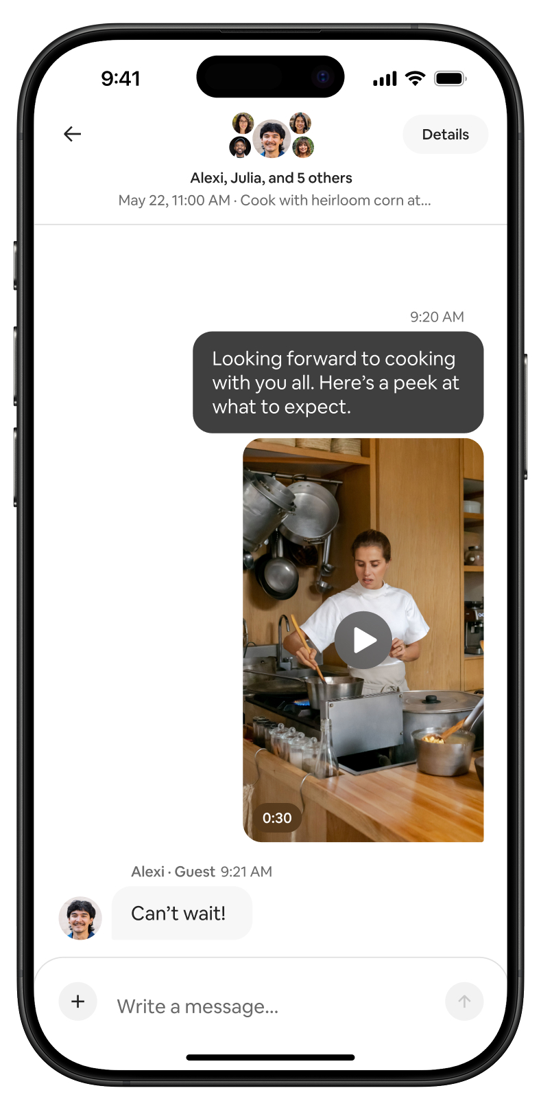 Group chat showing a video of a person cooking in a kitchen, with utensils hanging above.