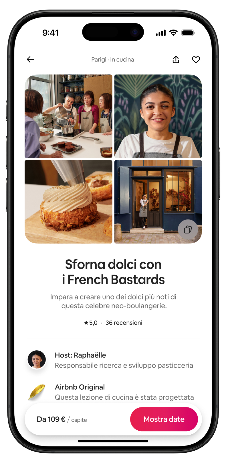 Schermata di uno smartphone che mostra i dettagli di un laboratorio di pasticceria con The French Bastards, inclusi scatti di persone mentre preparano dolci e una vista della facciata del negozio.