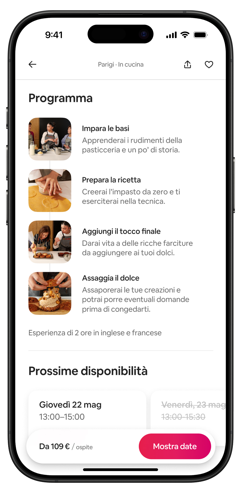 Schermata di uno smartphone che mostra l’itinerario di una lezione di cucina a Parigi, con le varie fasi della preparazione dei pasticcini.
