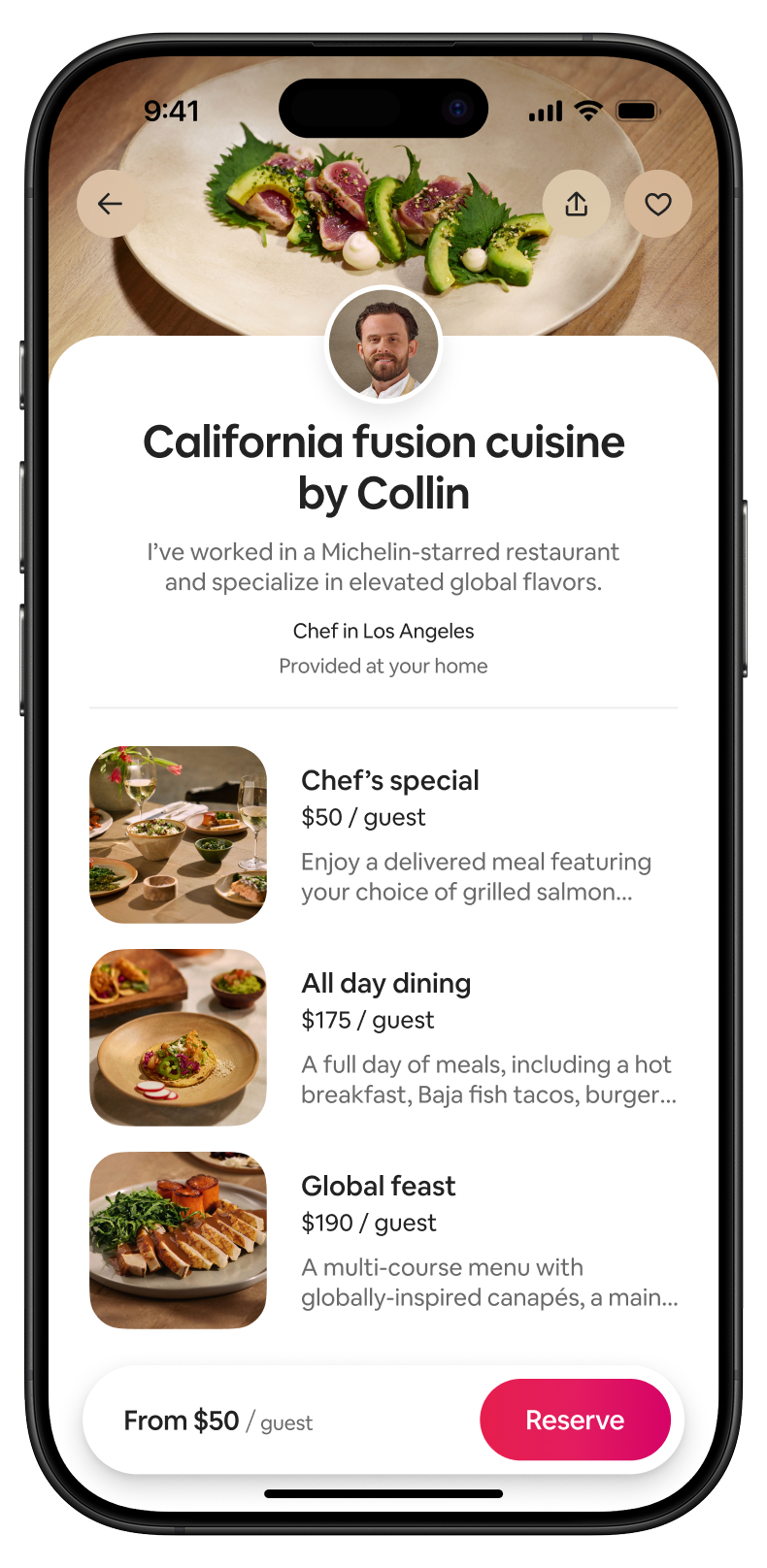 Smartphone screen showing Airbnb listing for California fusion cuisine by Collin, with dish images and pricing.