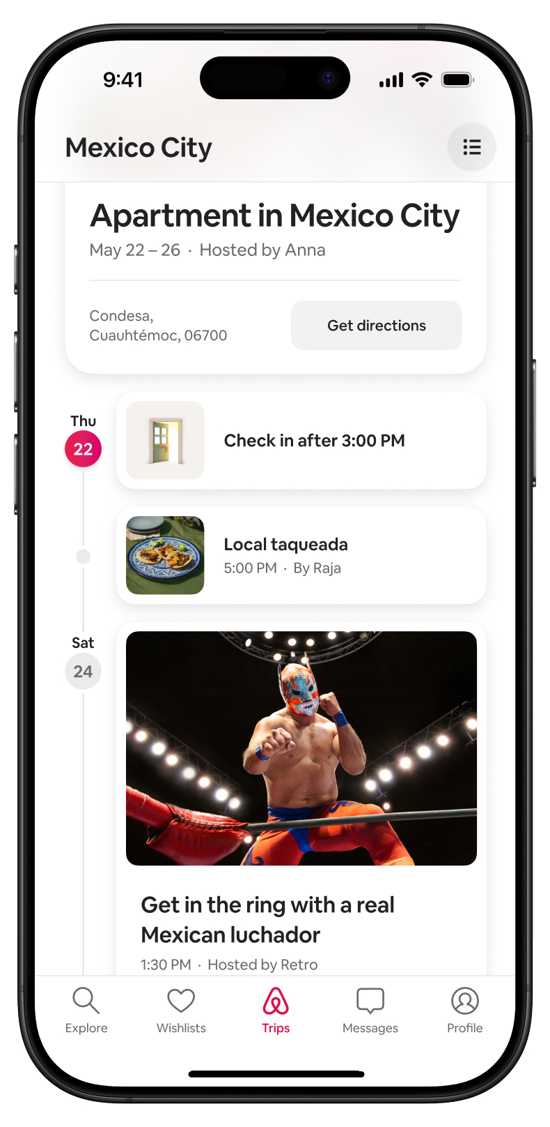 Mobile screen showing an Airbnb trip itinerary in Mexico City with events like check-in and a luchador show.